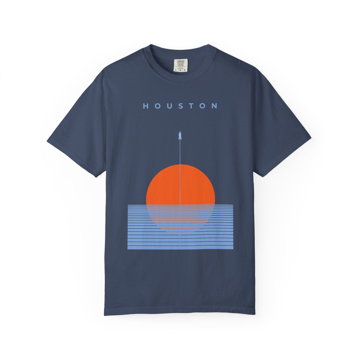 Midnight front detail of retro Houston soccer shirt featuring minimalist sunset graphic