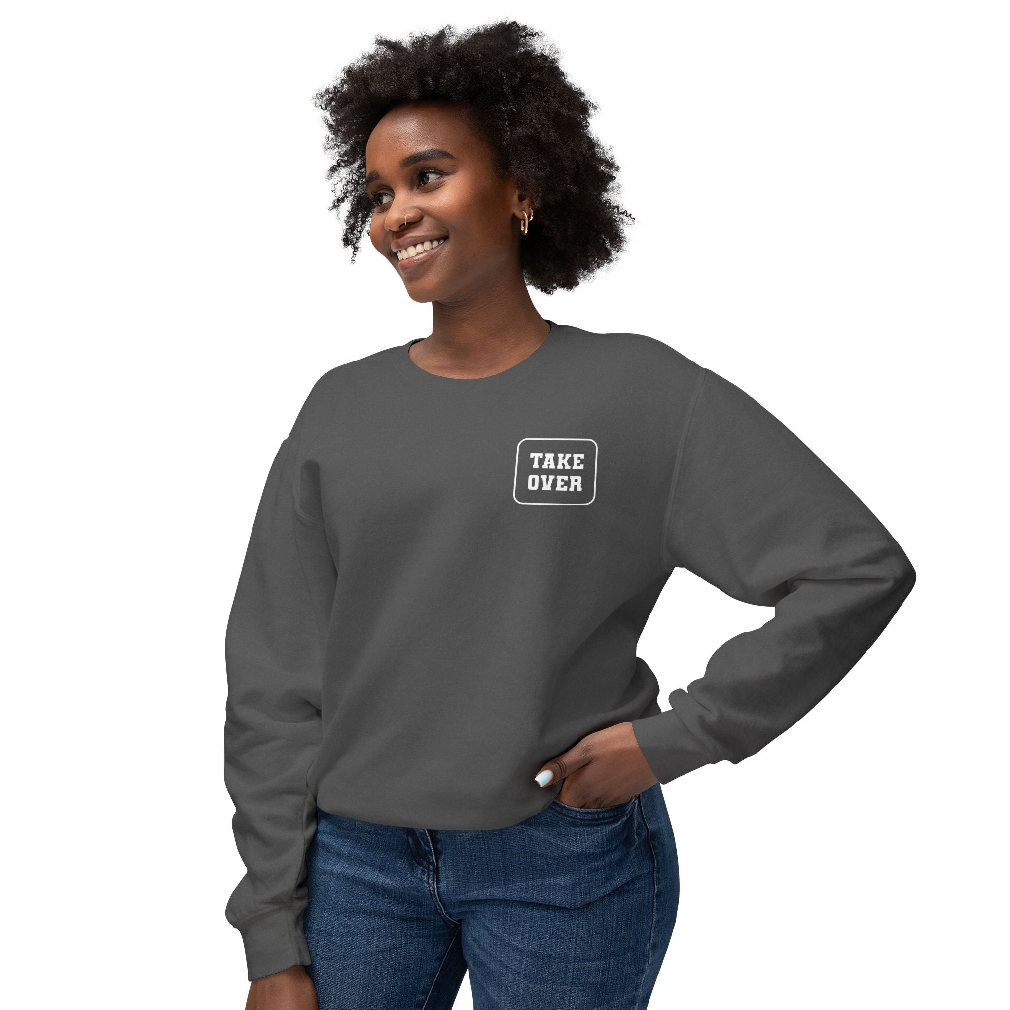 Pepper sweatshirt with Take Over chest logo on the front and cities list on the back  