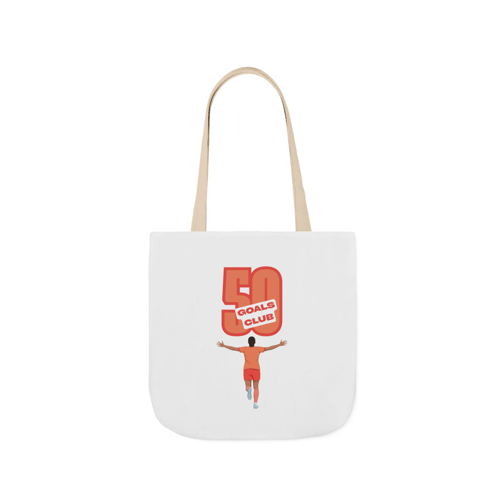 A canvas tote bag with beige shoulder straps, featuring a graphic print of a person running underneath a '50 GOALS CLUB' design.