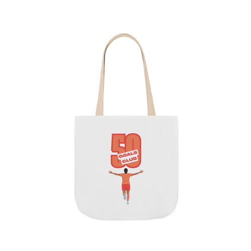 A canvas tote bag with beige shoulder straps, featuring a graphic print of a person running underneath a '50 GOALS CLUB' design.
