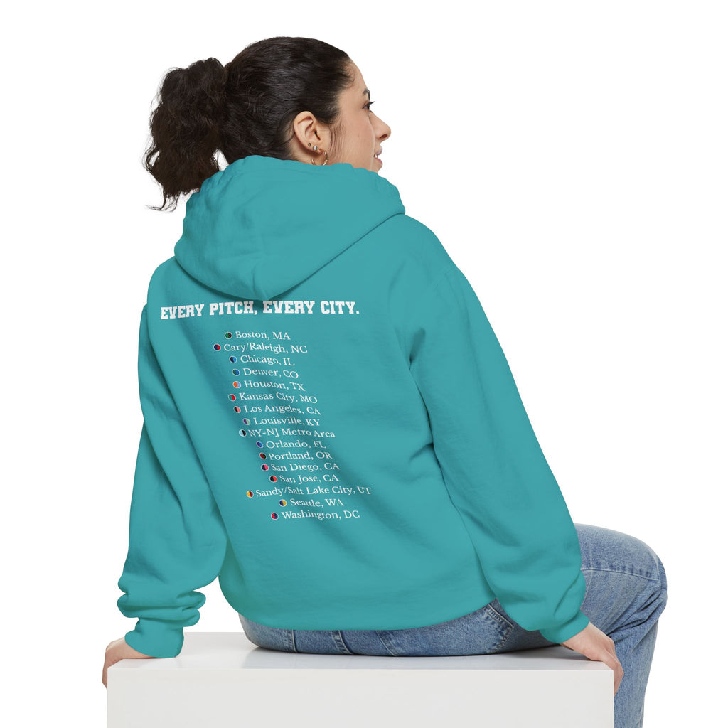 Seafoam hoodie with chest logo on the front and list of cities on the back