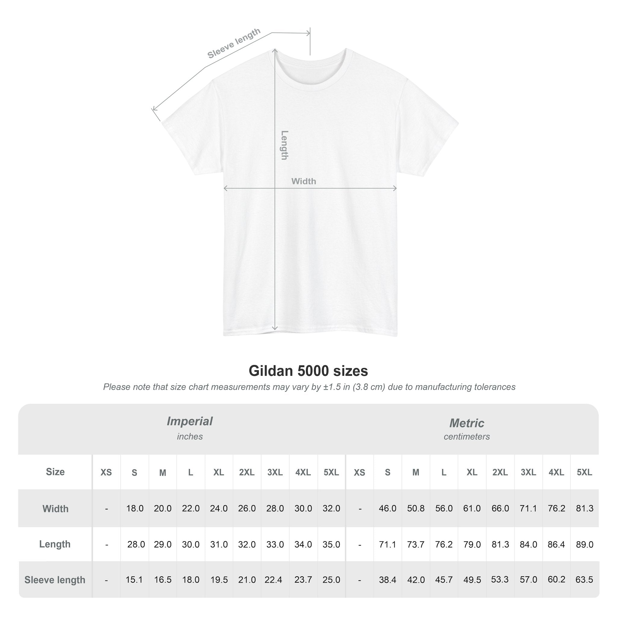 T-shirt with measurement chart for Gildan 5000 sizes for white, sand, natural, gold, light pink, light blue