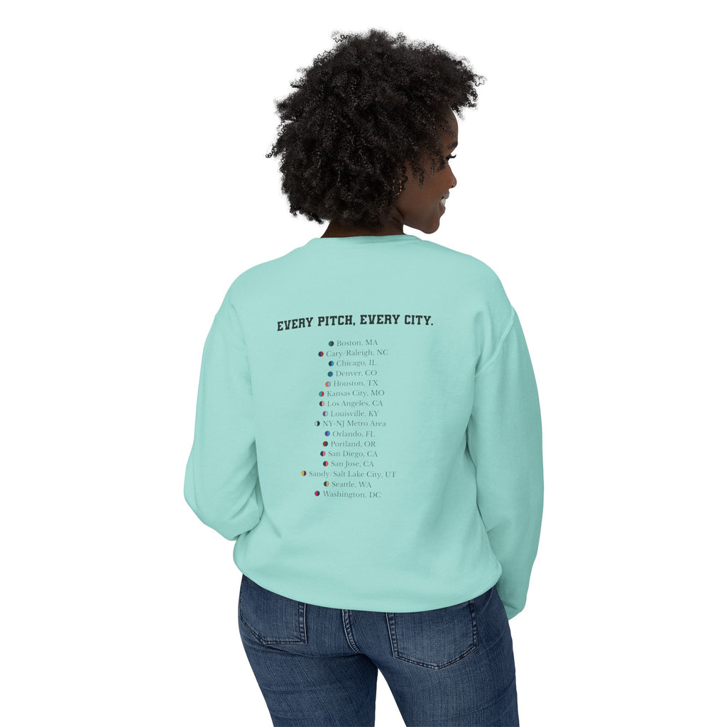 Chalky Mint sweatshirt with Take Over chest logo on the front and cities list on the back 