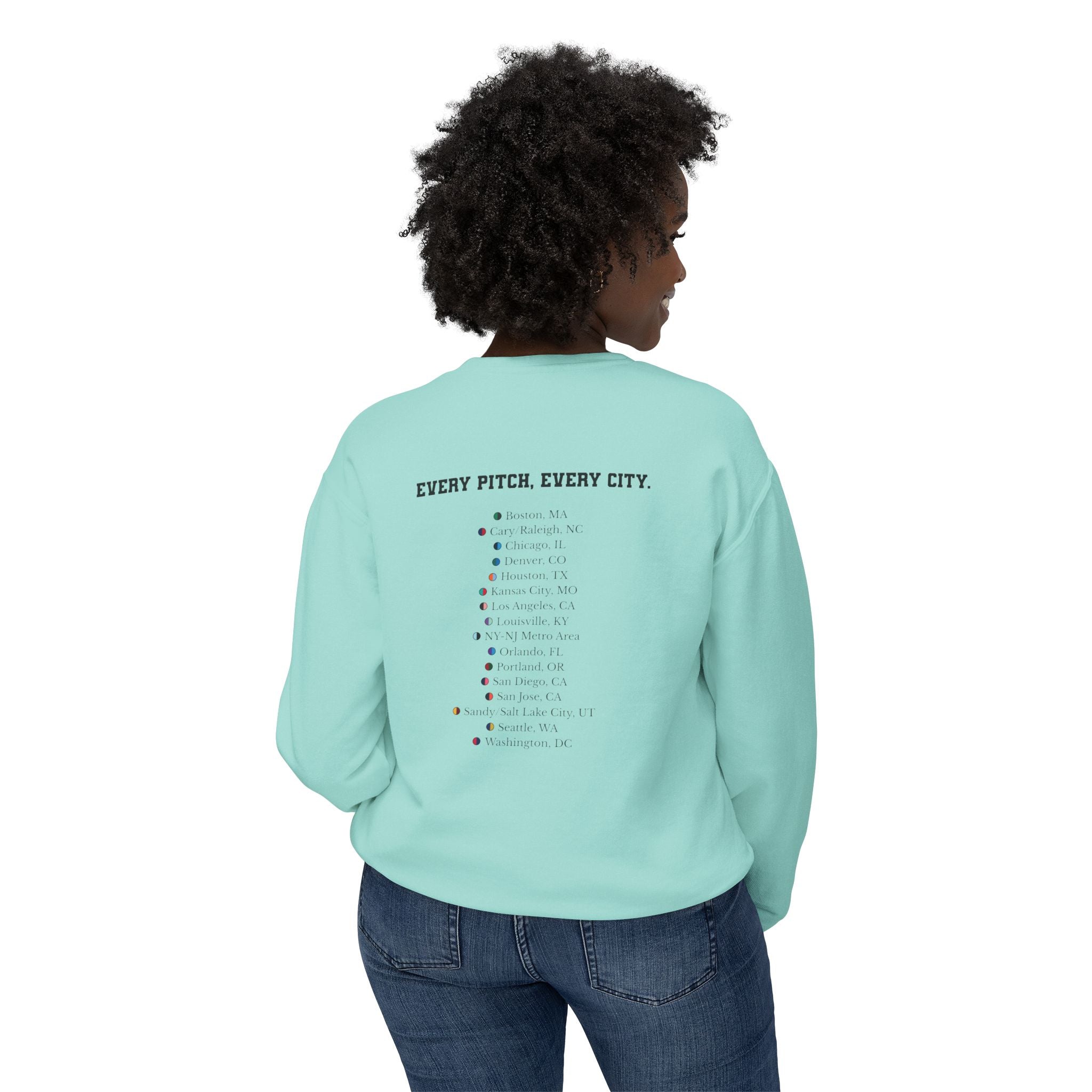 Chalky Mint sweatshirt with Take Over chest logo on the front and cities list on the back 
