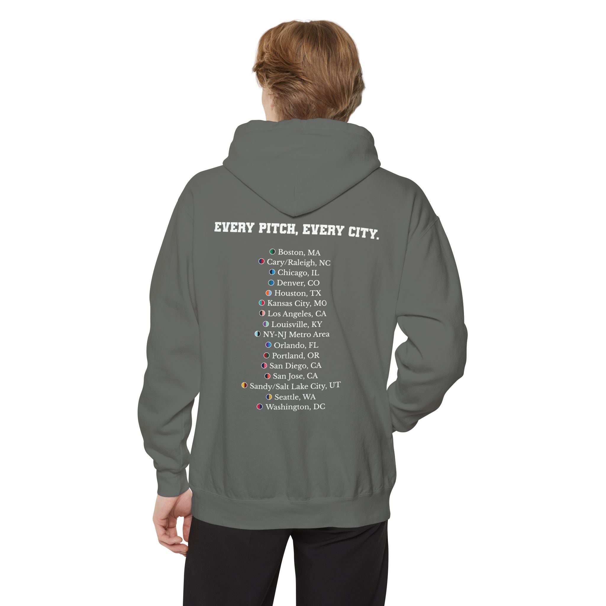 Grey hoodie with chest logo on the front and list of cities on the back