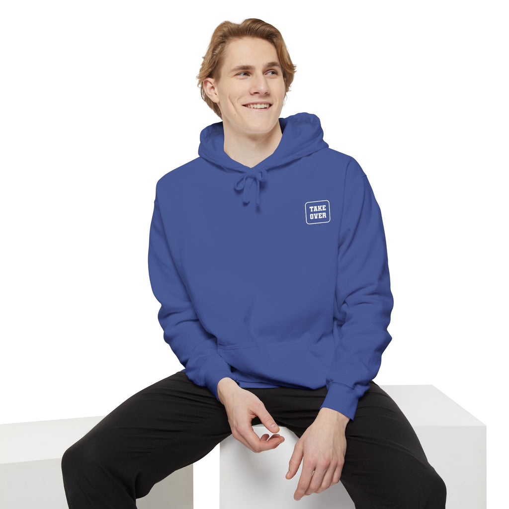 Flo Blue hoodie with chest logo on the front and list of cities on the back
