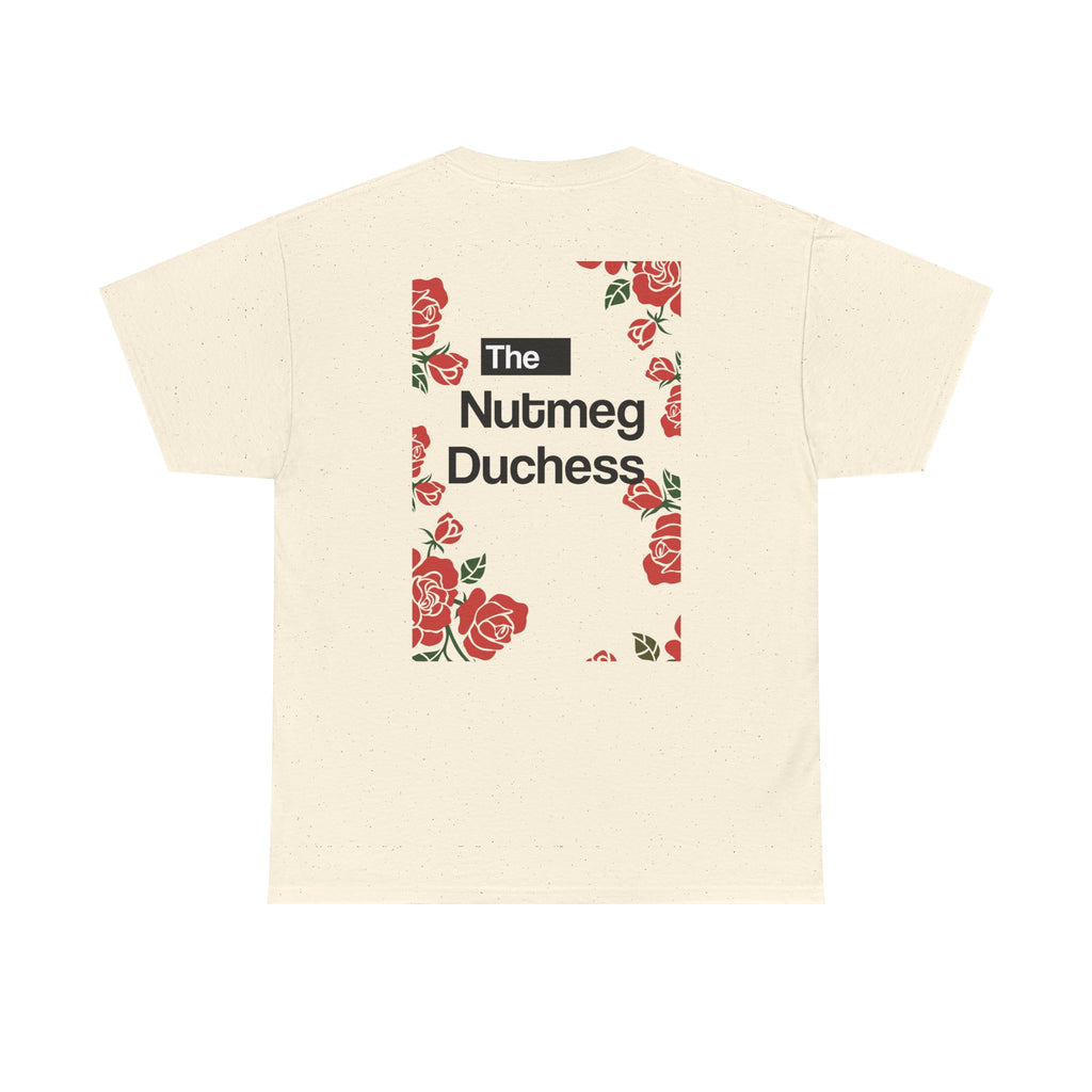 Natural Nutmeg Duchess t-shirt with a framed red rose graphic and vintage soccer street style typography