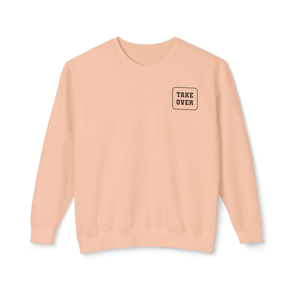 Peachy sweatshirt with Take Over chest logo on the front and cities list on the back