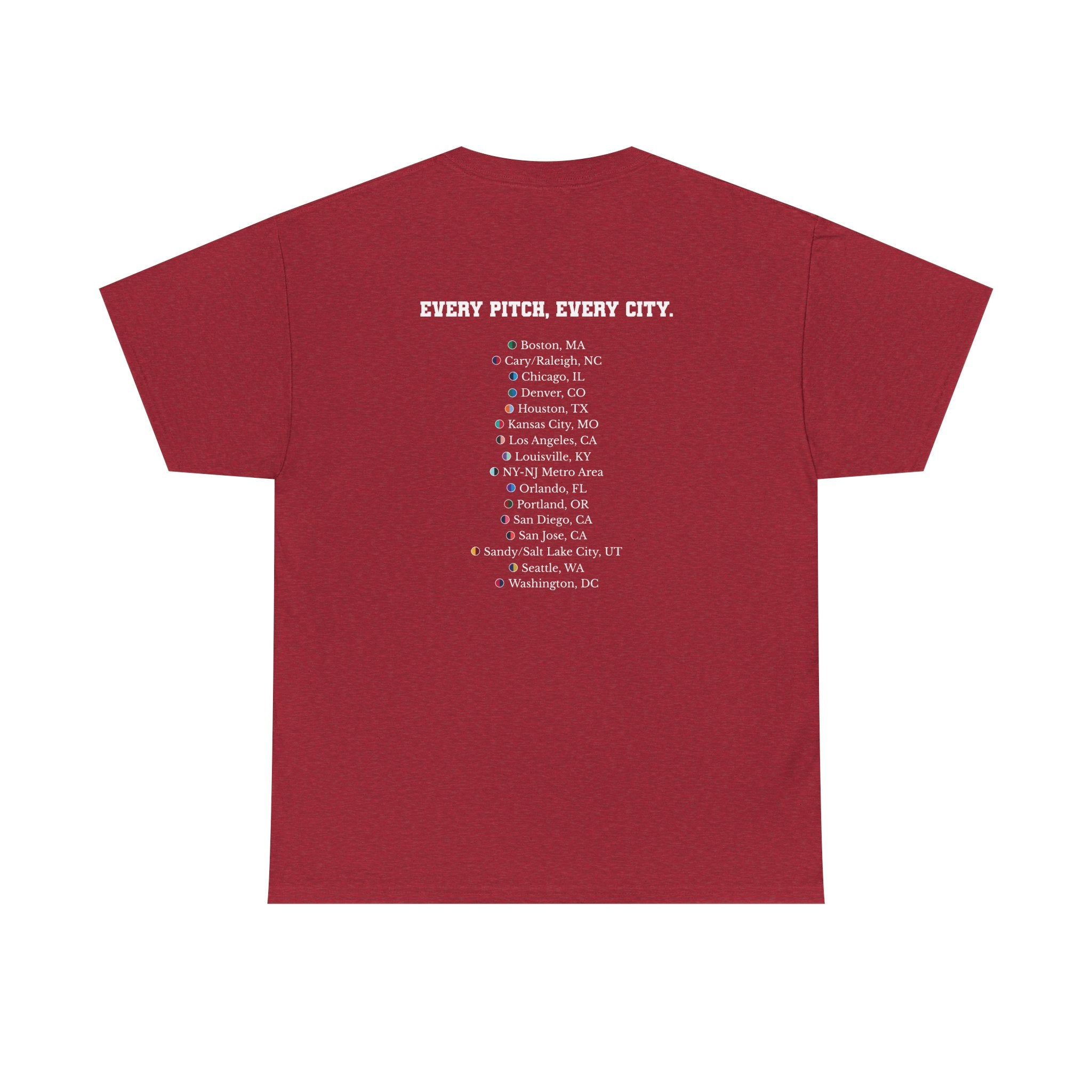 Antique Cherry Red Take Over Every City Pro League T-Shirt flat lay on a solid background.