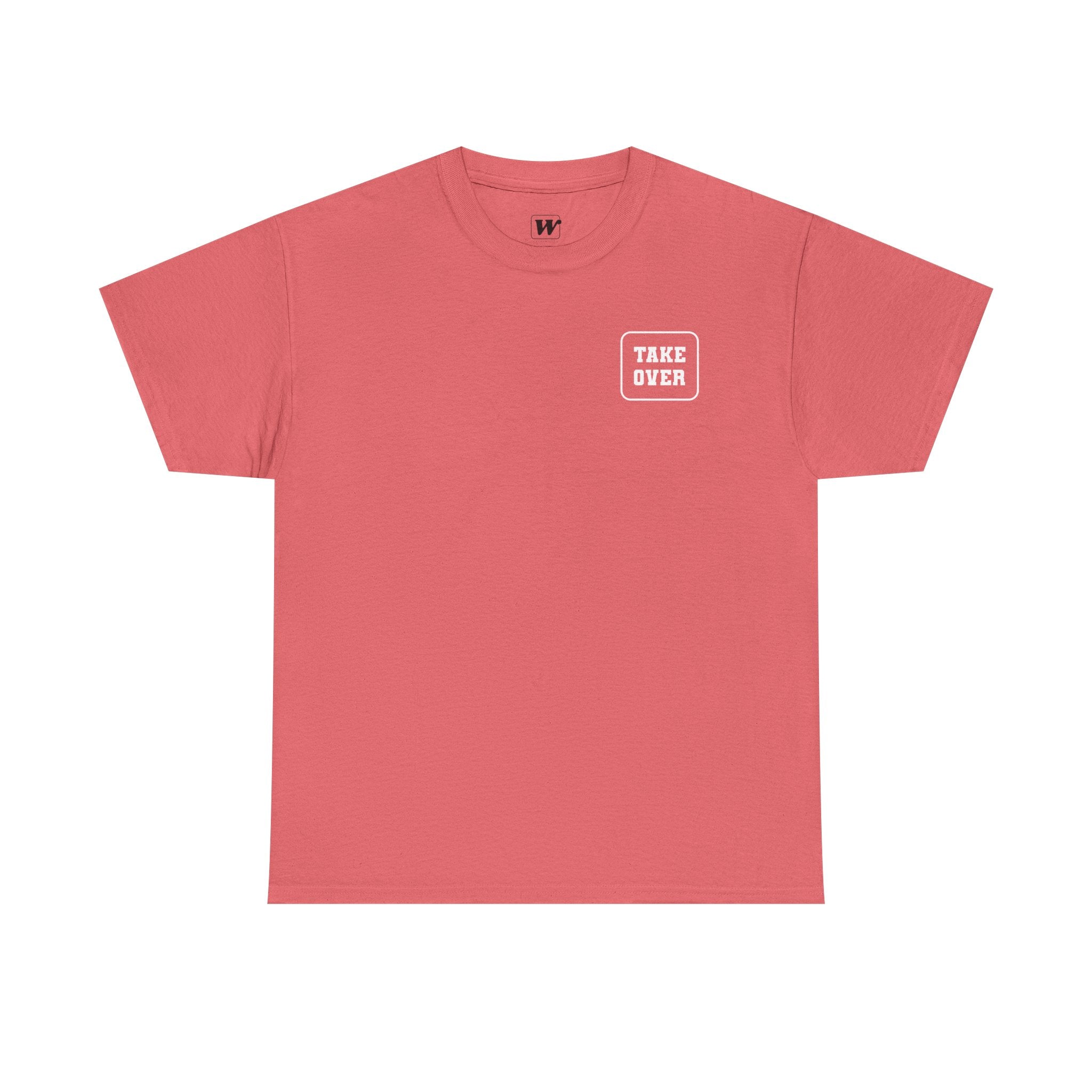Coral Silk Take Over Every City Pro League T-Shirt flat lay on a solid background.