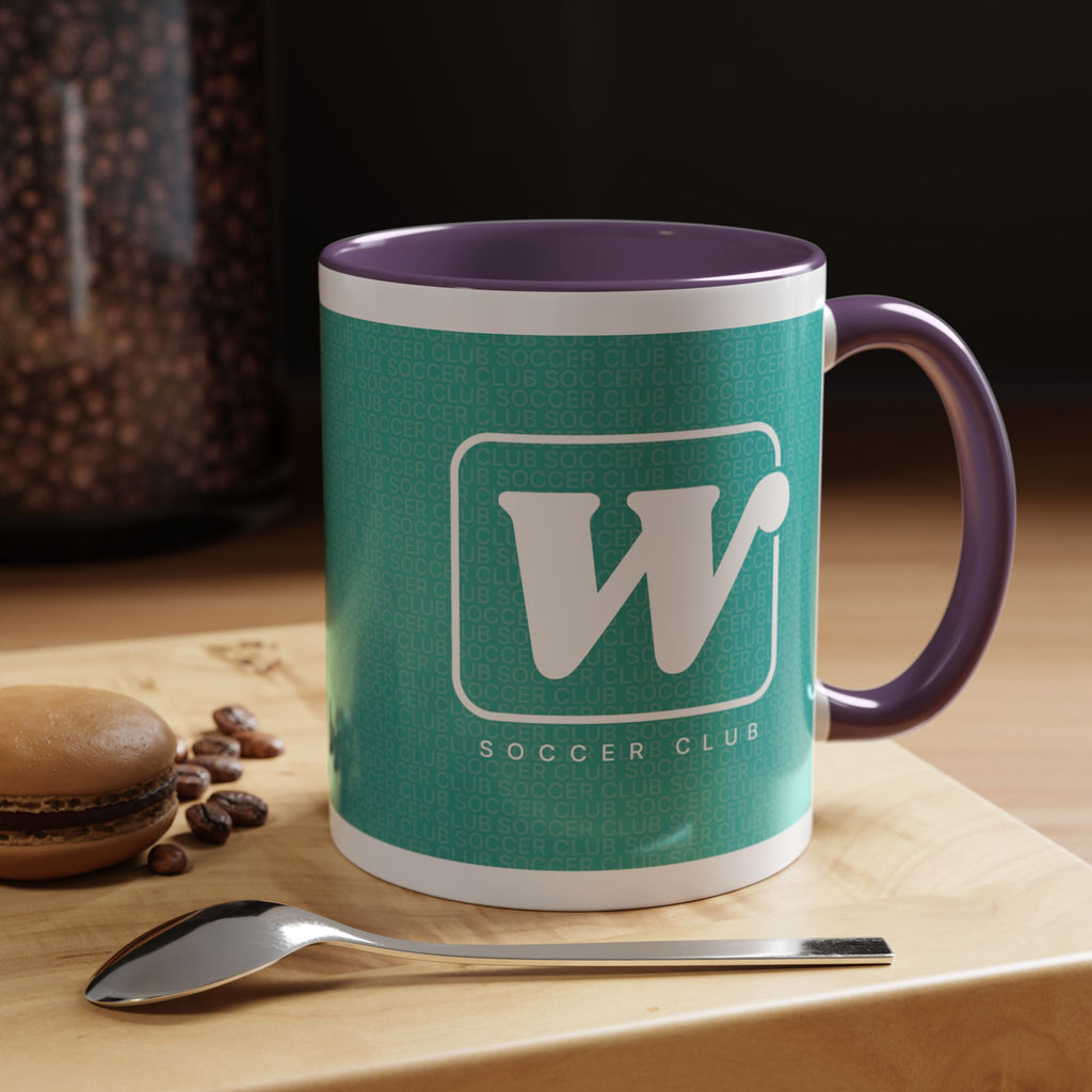 Purple W Soccer Club ceramic accent mug, with a teal wraparound soccer club design and the bold 'W' logo 
