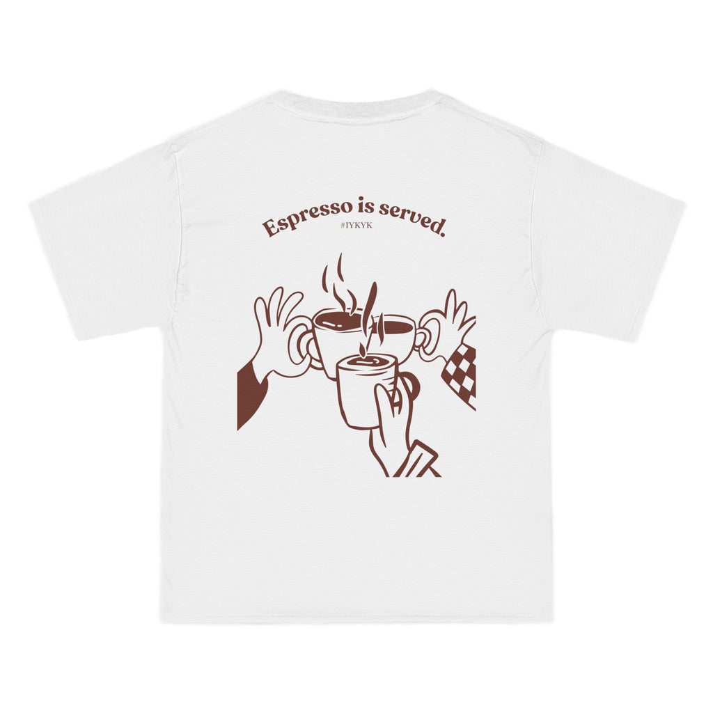 White W-League t-shirt featuring a front pocket W logo and back Espresso is served graphic with three clinking coffee mugs