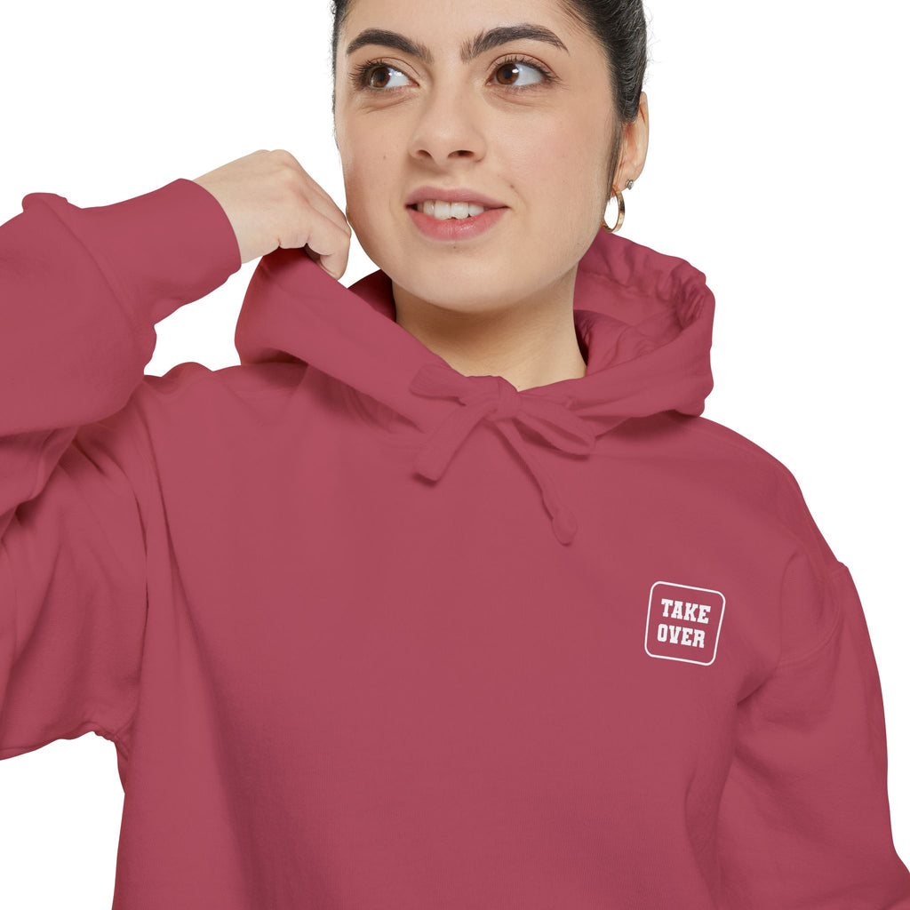 Crimson hoodie with chest logo on the front and list of cities on the back