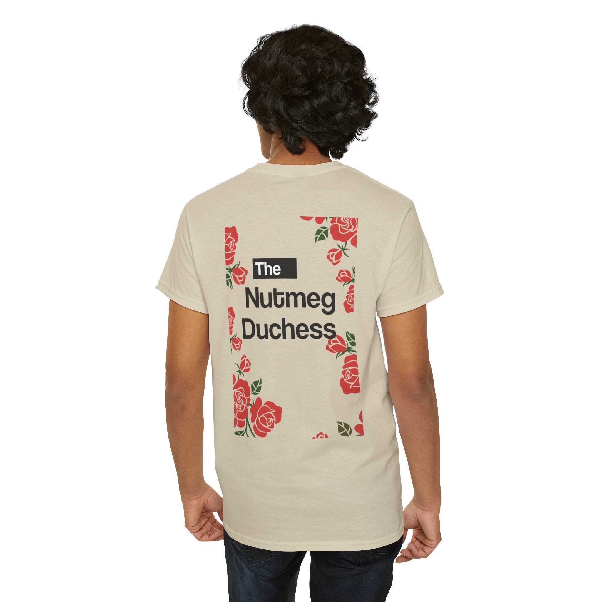 Sand Nutmeg Duchess t-shirt with a framed red rose graphic and vintage soccer street style typography
