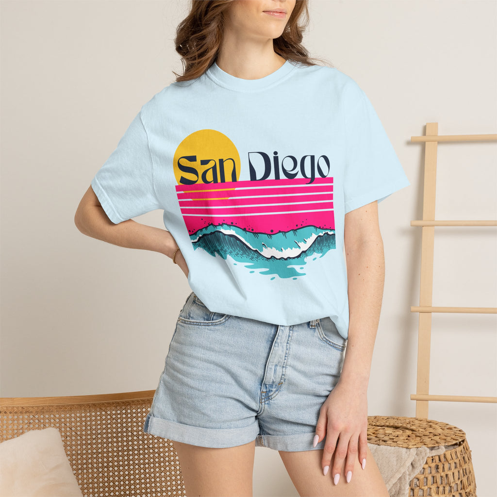 Chambray short-sleeve crewneck t-shirt featuring a retro-style sunset and ocean waves graphic with the text 'San Diego' across the chest