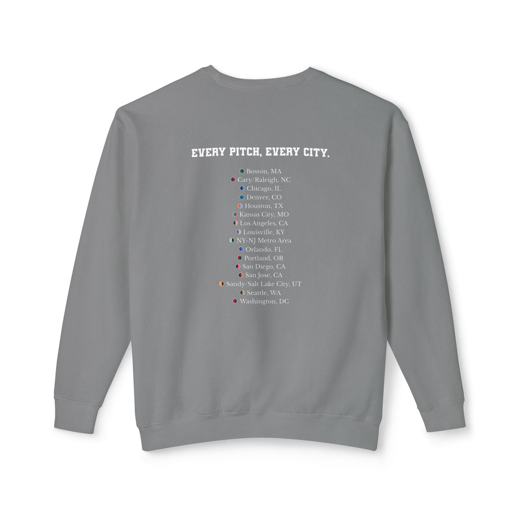 Grey sweatshirt with Take Over chest logo on the front and cities list on the back 