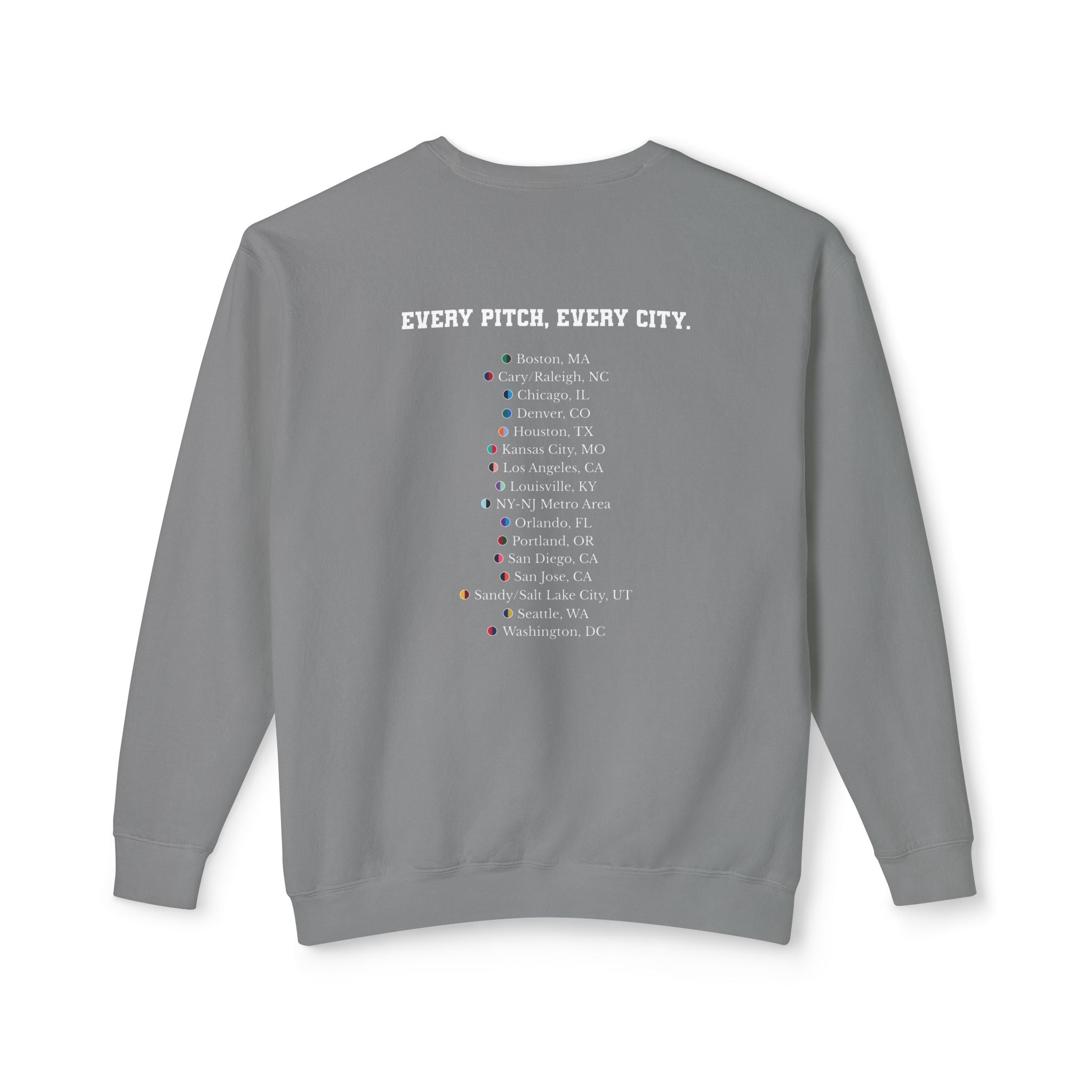 Grey sweatshirt with Take Over chest logo on the front and cities list on the back 