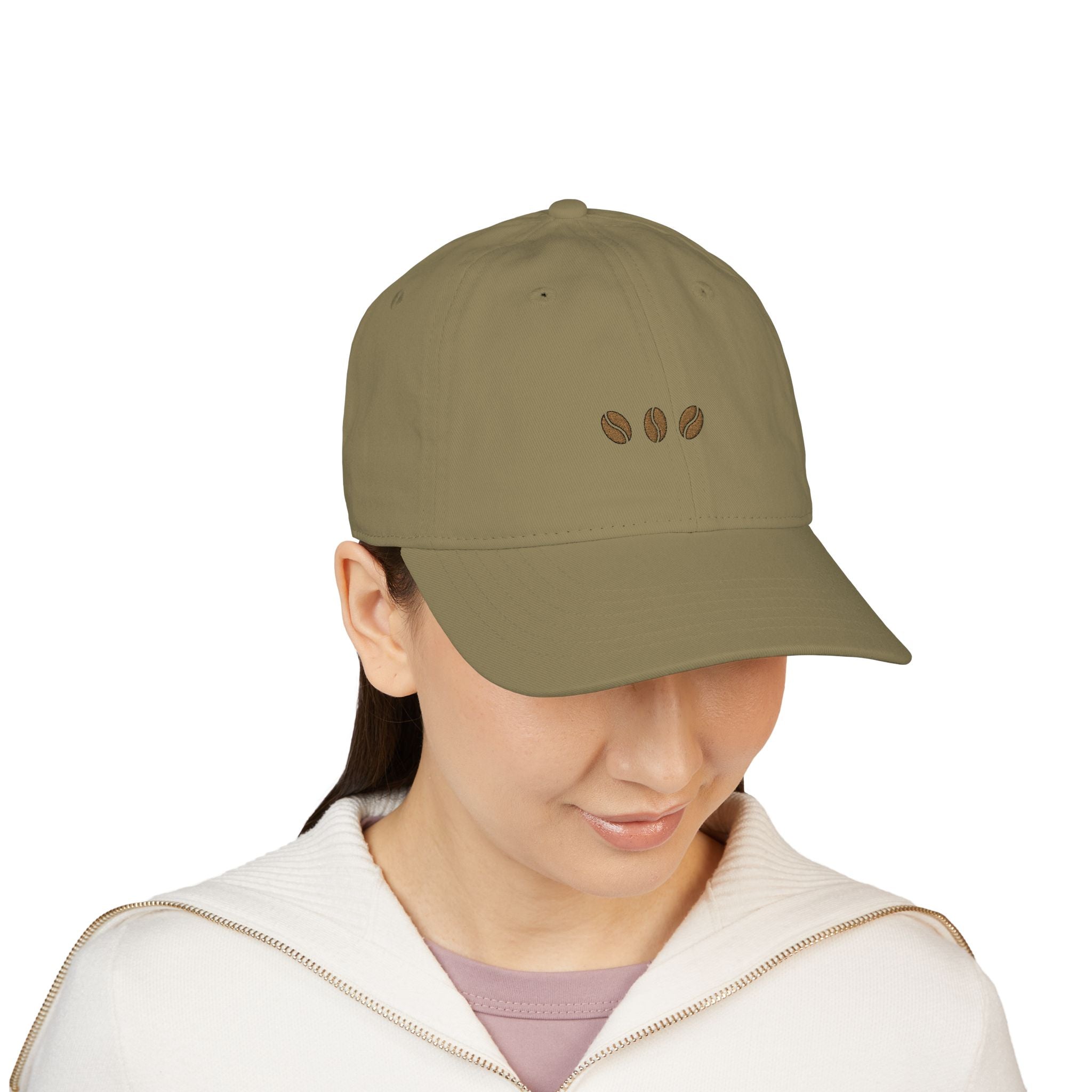 Jungle unstructured beige baseball cap with three embroidered coffee beans across the front
