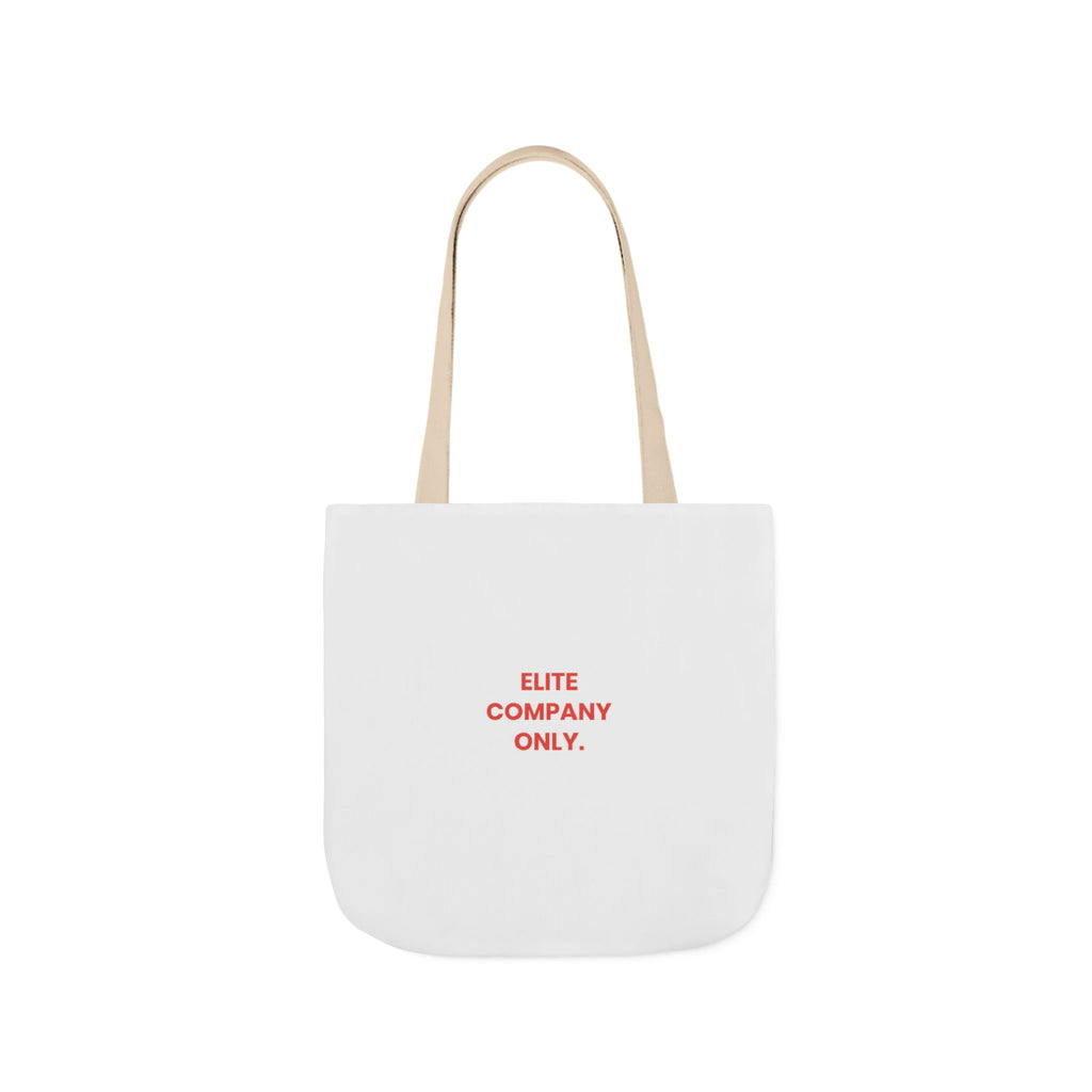 A canvas tote bag with beige shoulder straps, featuring the text 'Elite Company Only'