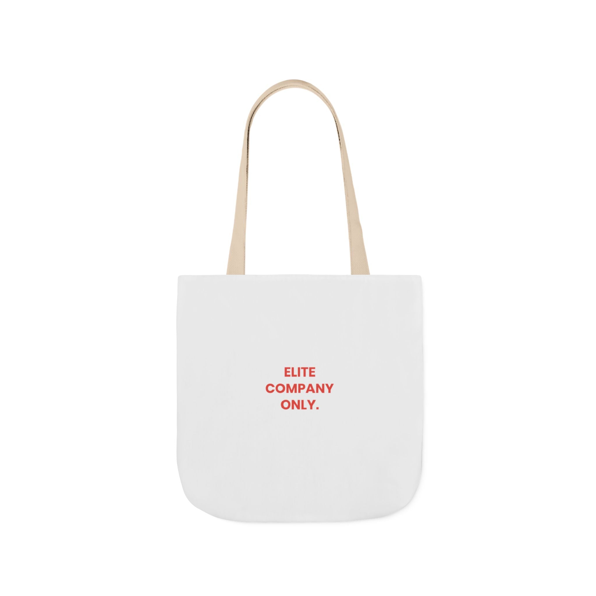 A canvas tote bag with beige shoulder straps, featuring the text 'Elite Company Only'