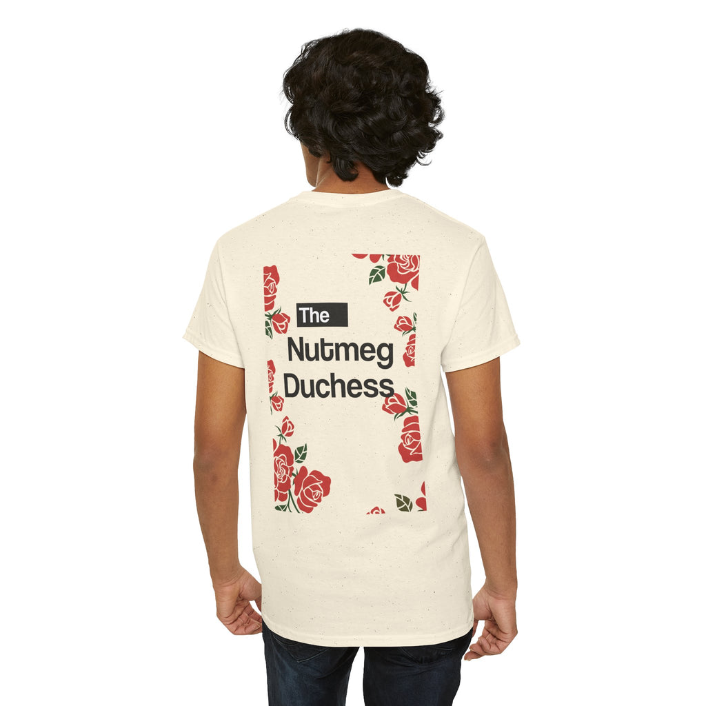 Natural Nutmeg Duchess t-shirt with a framed red rose graphic and vintage soccer street style typography
