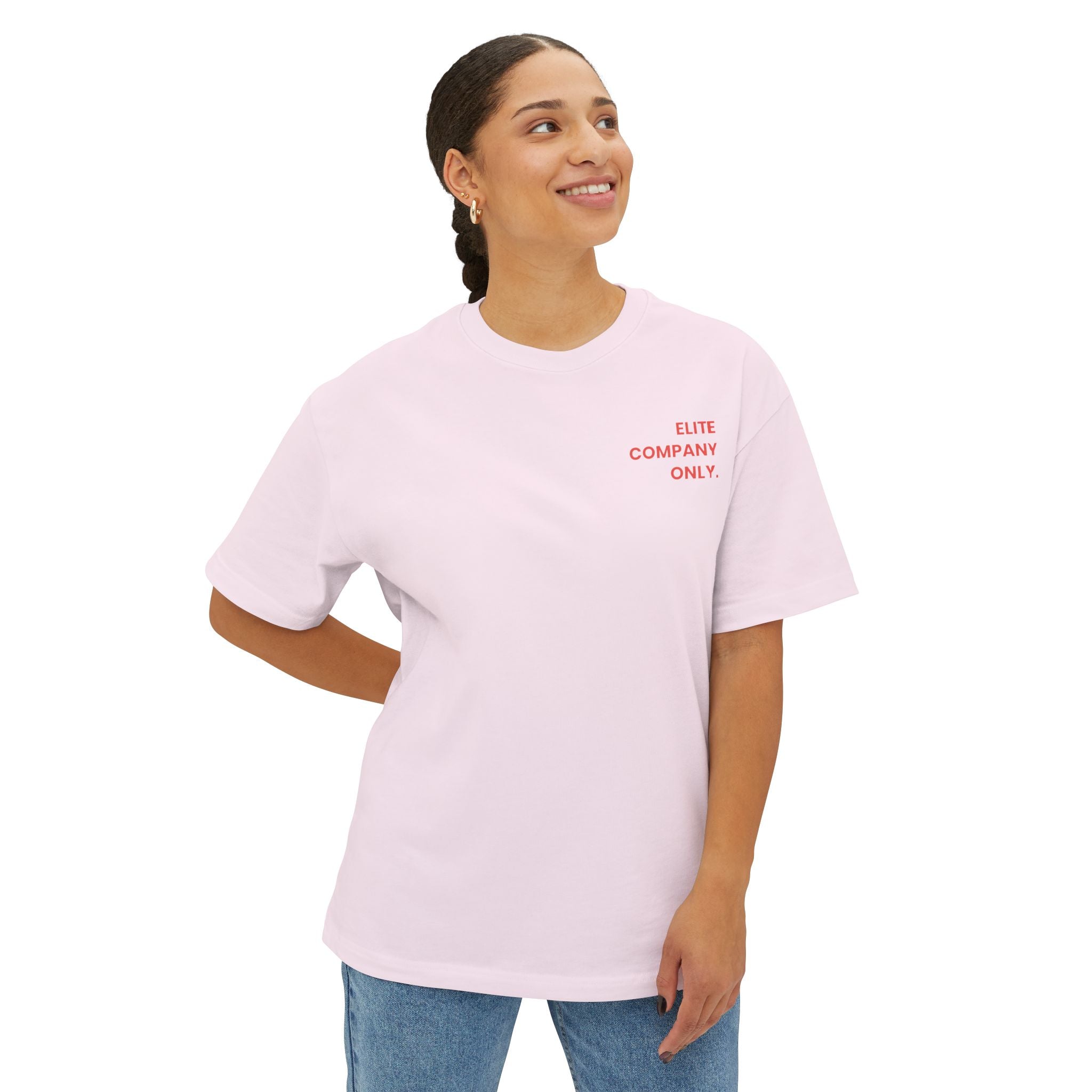 Soft Pink 'Elite Company Only' boxy t-shirt featuring a 50 Goals Club graphic print on the back