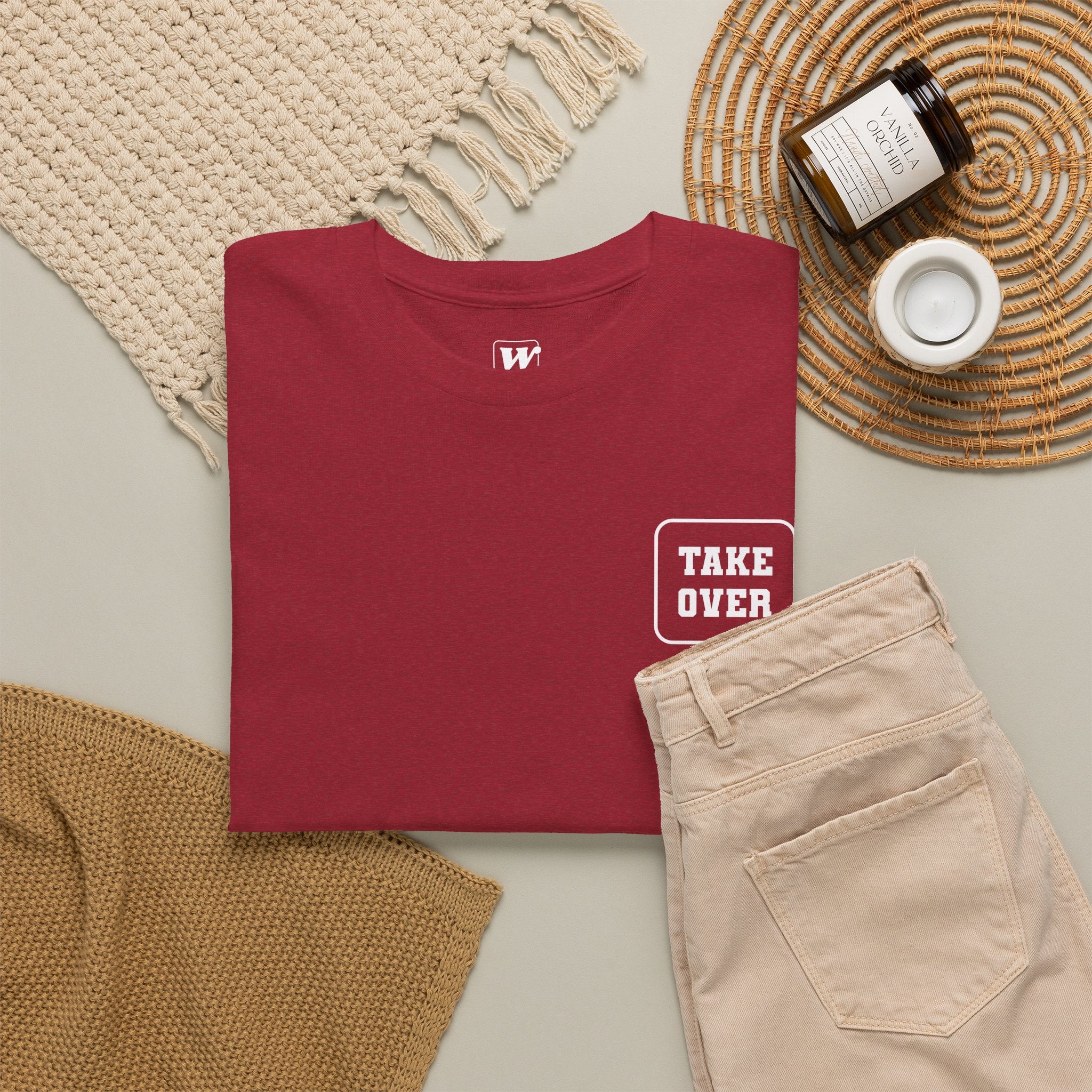 Antique Cherry Red Take Over Every City Pro League T-Shirt flat lay on a solid background.