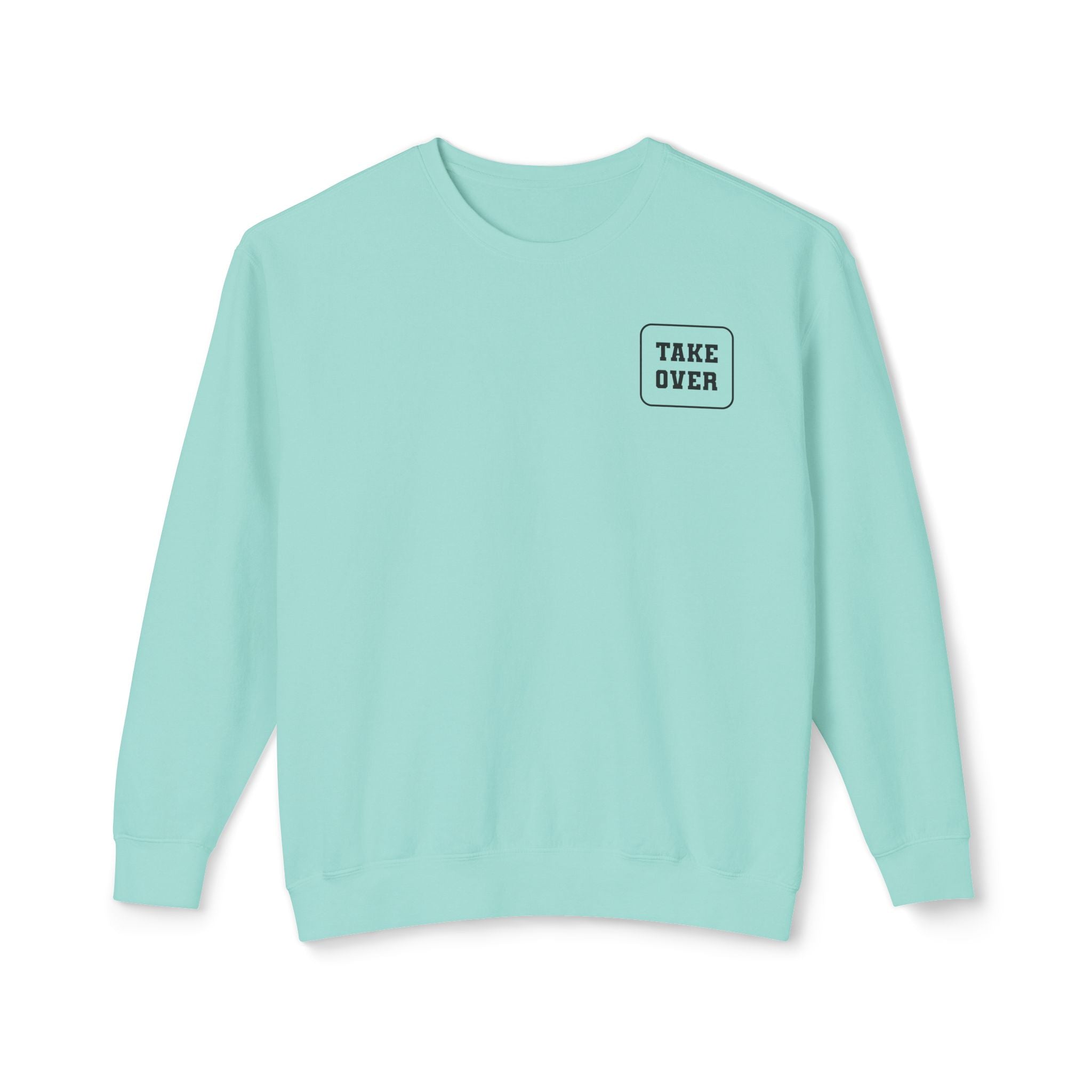 Chalky Mint sweatshirt with Take Over chest logo on the front and cities list on the back 