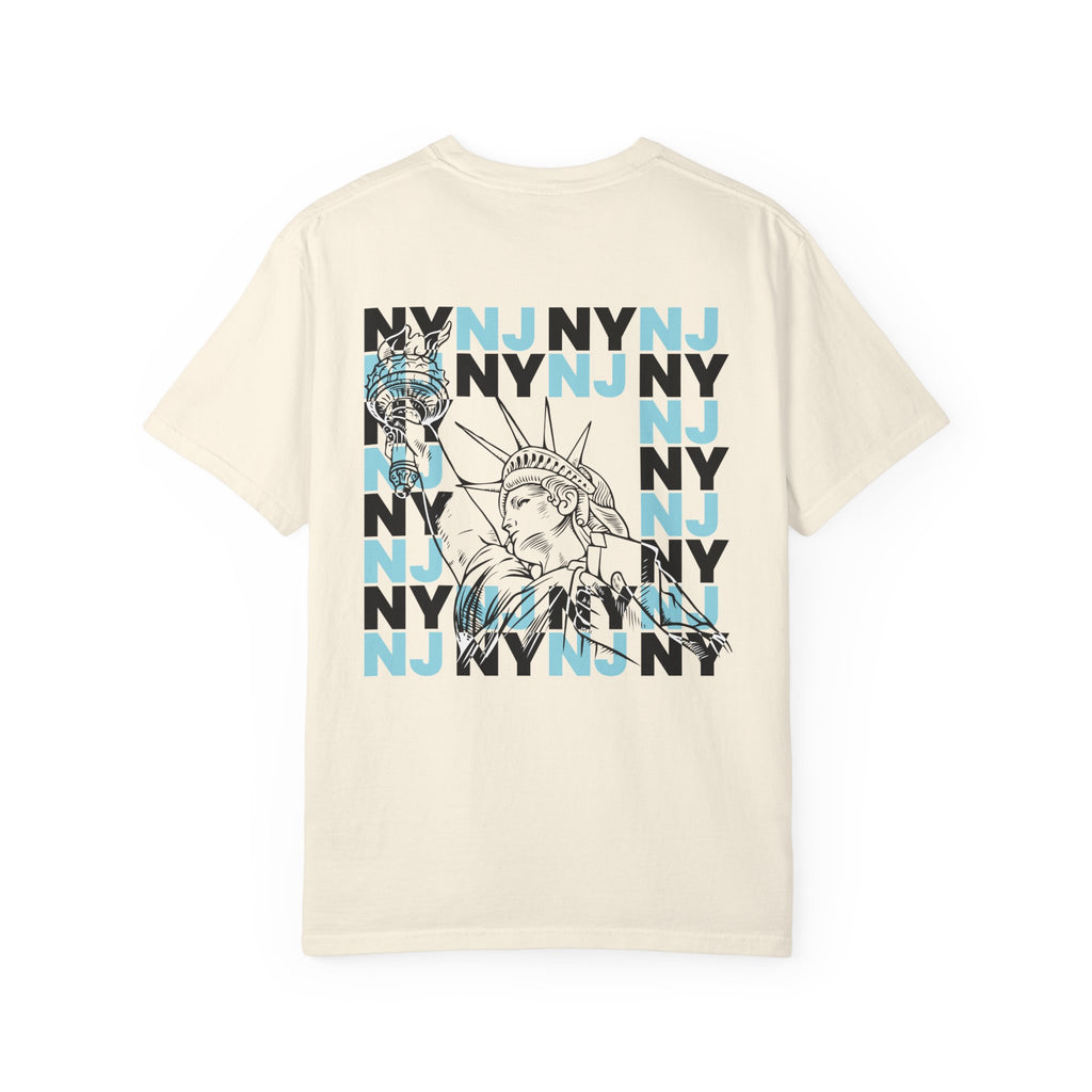 Ivory heavyweight graphic t-shirt showing back print with Statue of Liberty sketch and repeating NY and NJ typographic pattern