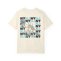 Ivory heavyweight graphic t-shirt showing back print with Statue of Liberty sketch and repeating NY and NJ typographic pattern