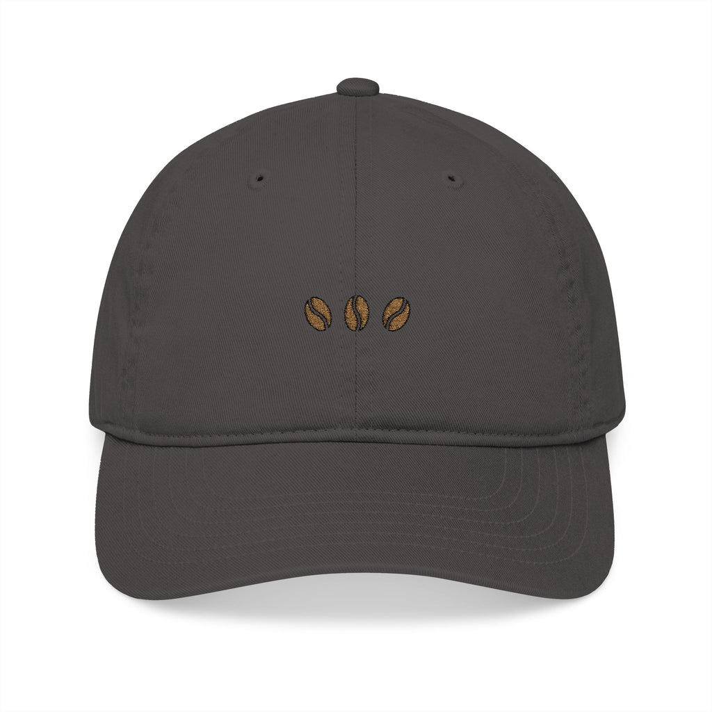 Charcoal unstructured beige baseball cap with three embroidered coffee beans across the front
