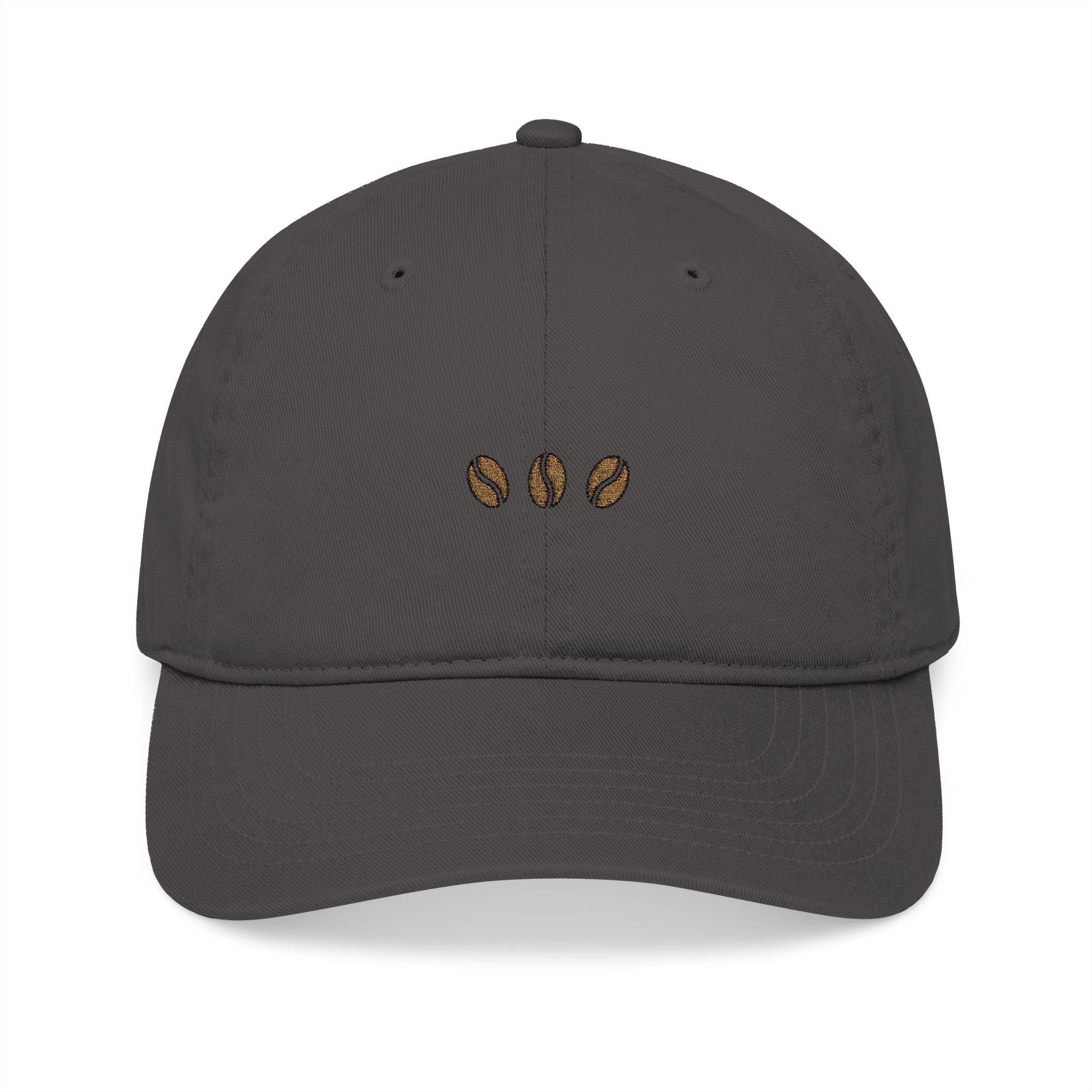 Charcoal unstructured beige baseball cap with three embroidered coffee beans across the front