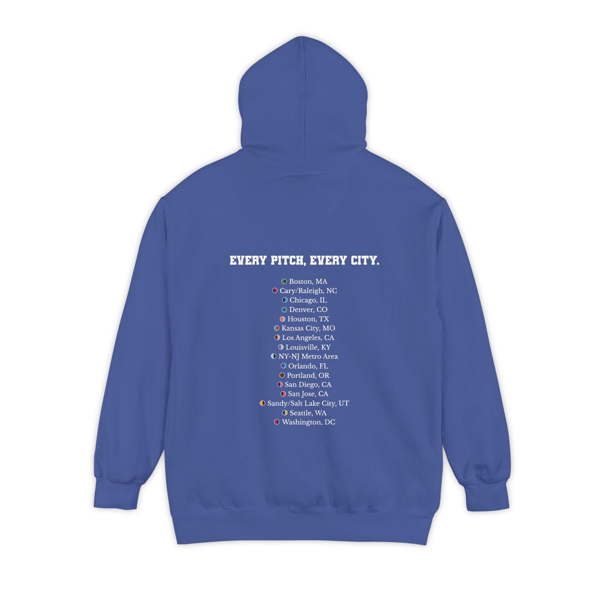 Flo Blue hoodie with chest logo on the front and list of cities on the back