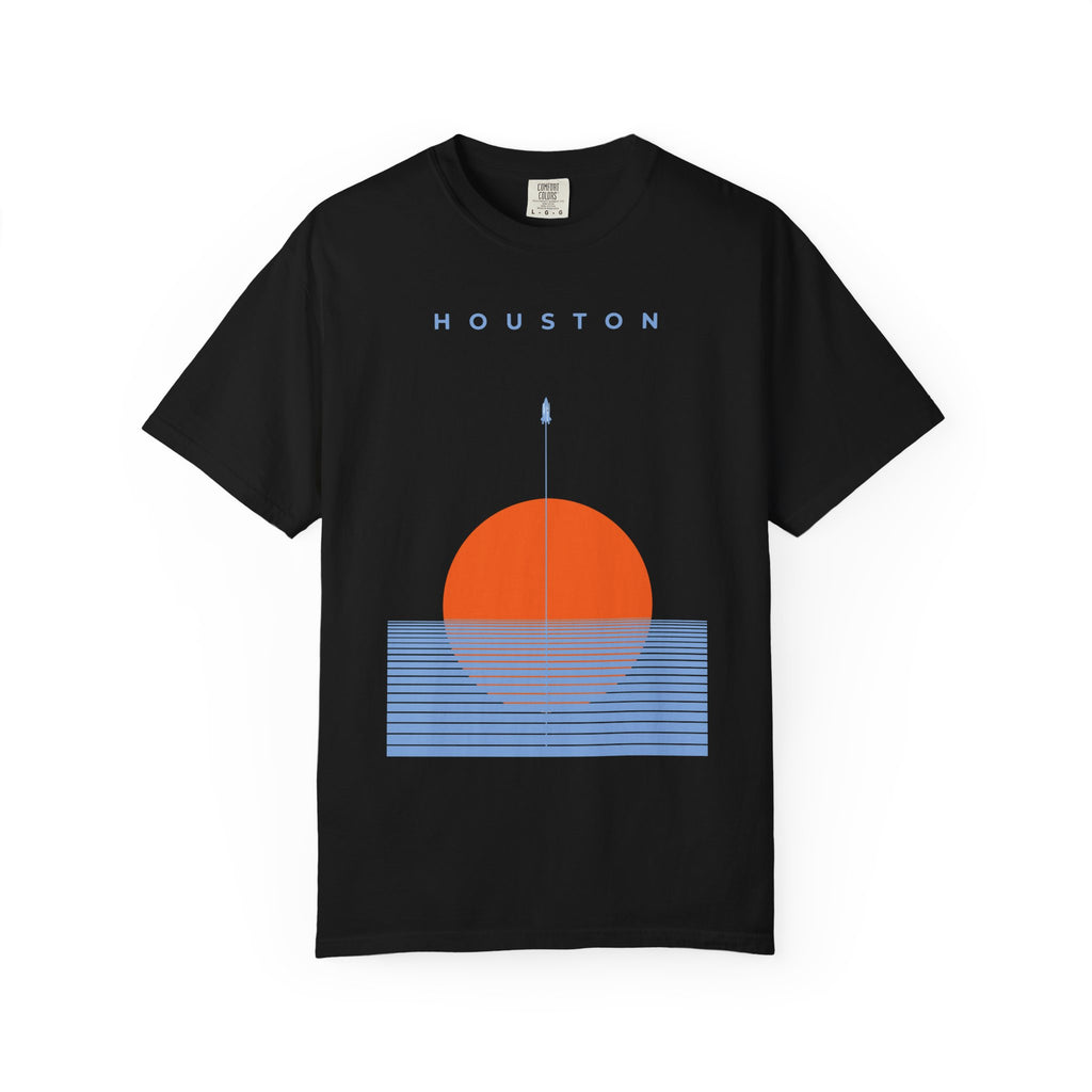 Black front detail of retro Houston soccer shirt featuring minimalist sunset graphic