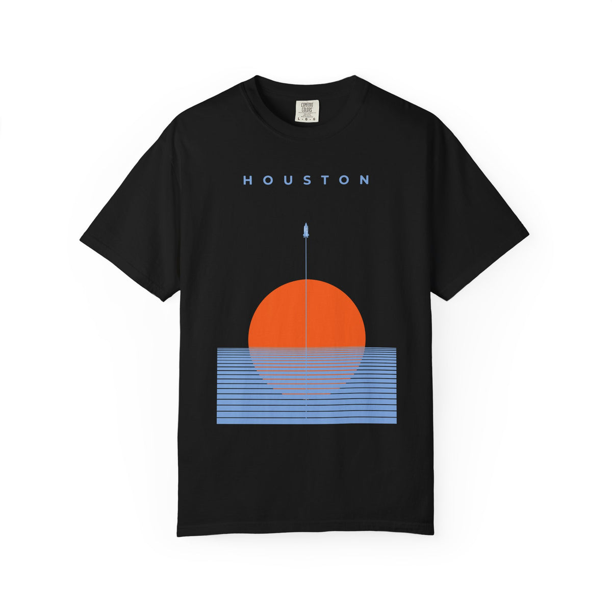 Black front detail of retro Houston soccer shirt featuring minimalist sunset graphic