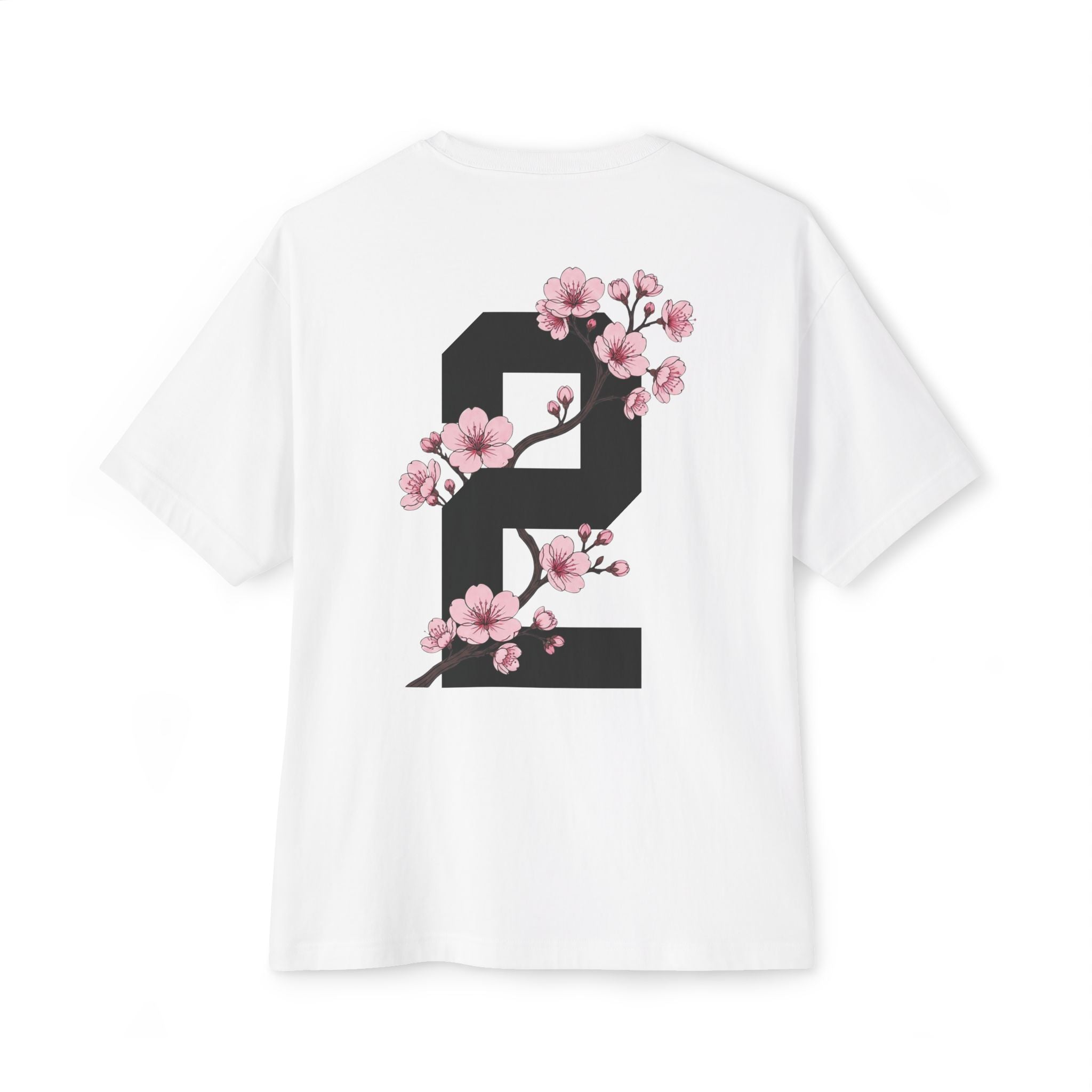 White heavyweight boxy t-shirt back view featuring a large number 2 graphic decorated with cherry blossom flowers.