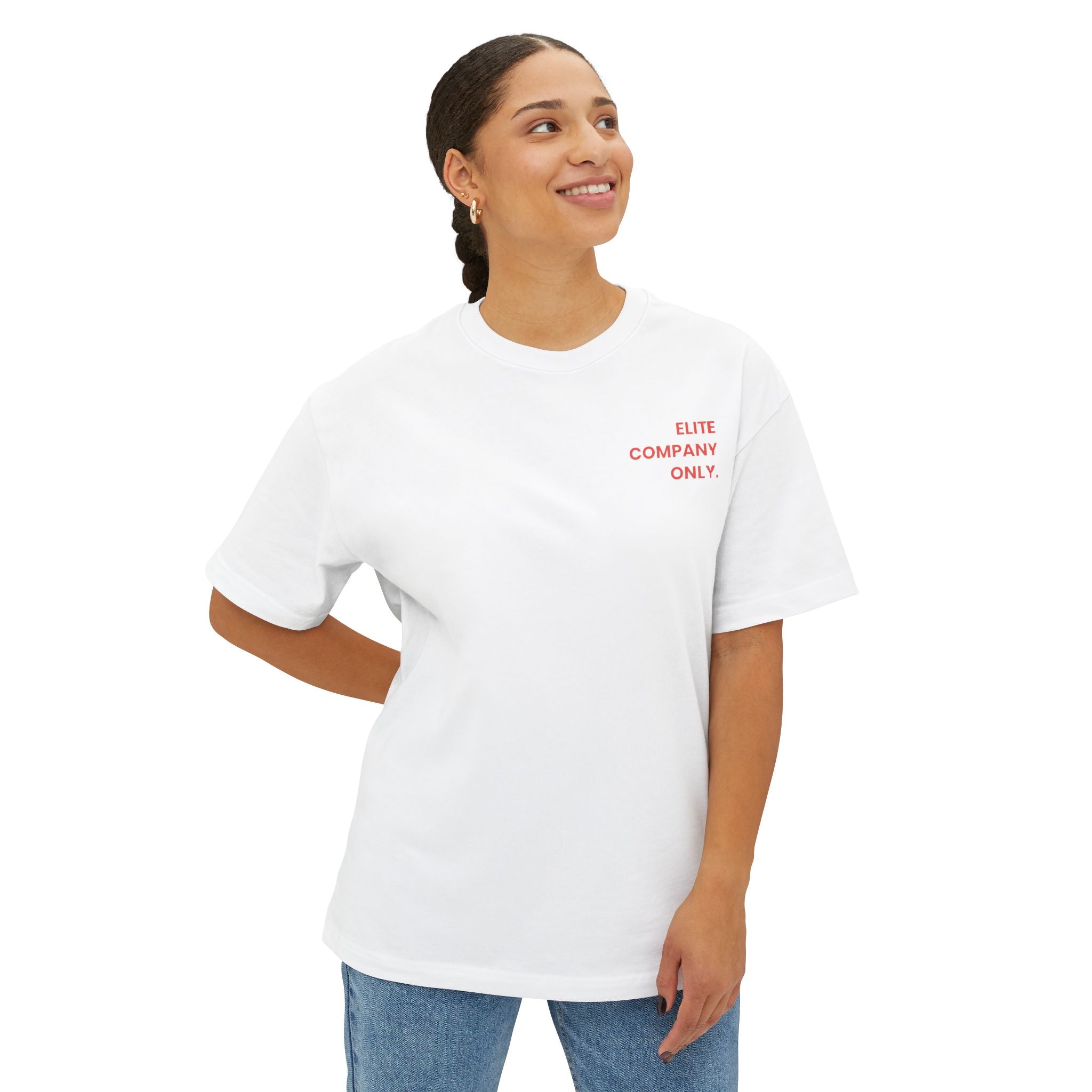 White 'Elite Company Only' boxy t-shirt featuring a 50 Goals Club graphic print on the back