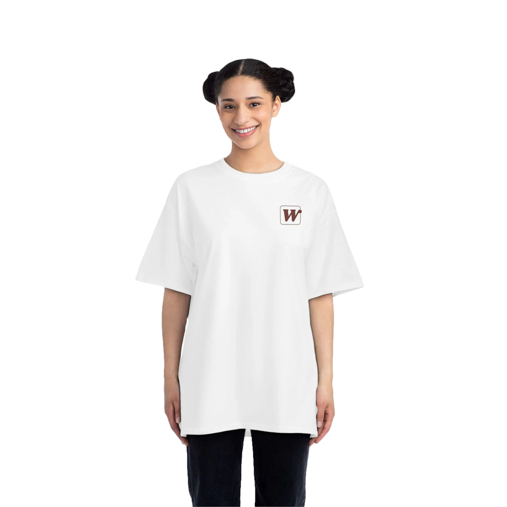 White W-League t-shirt featuring a front pocket W logo and back Espresso is served graphic with three clinking coffee mugs