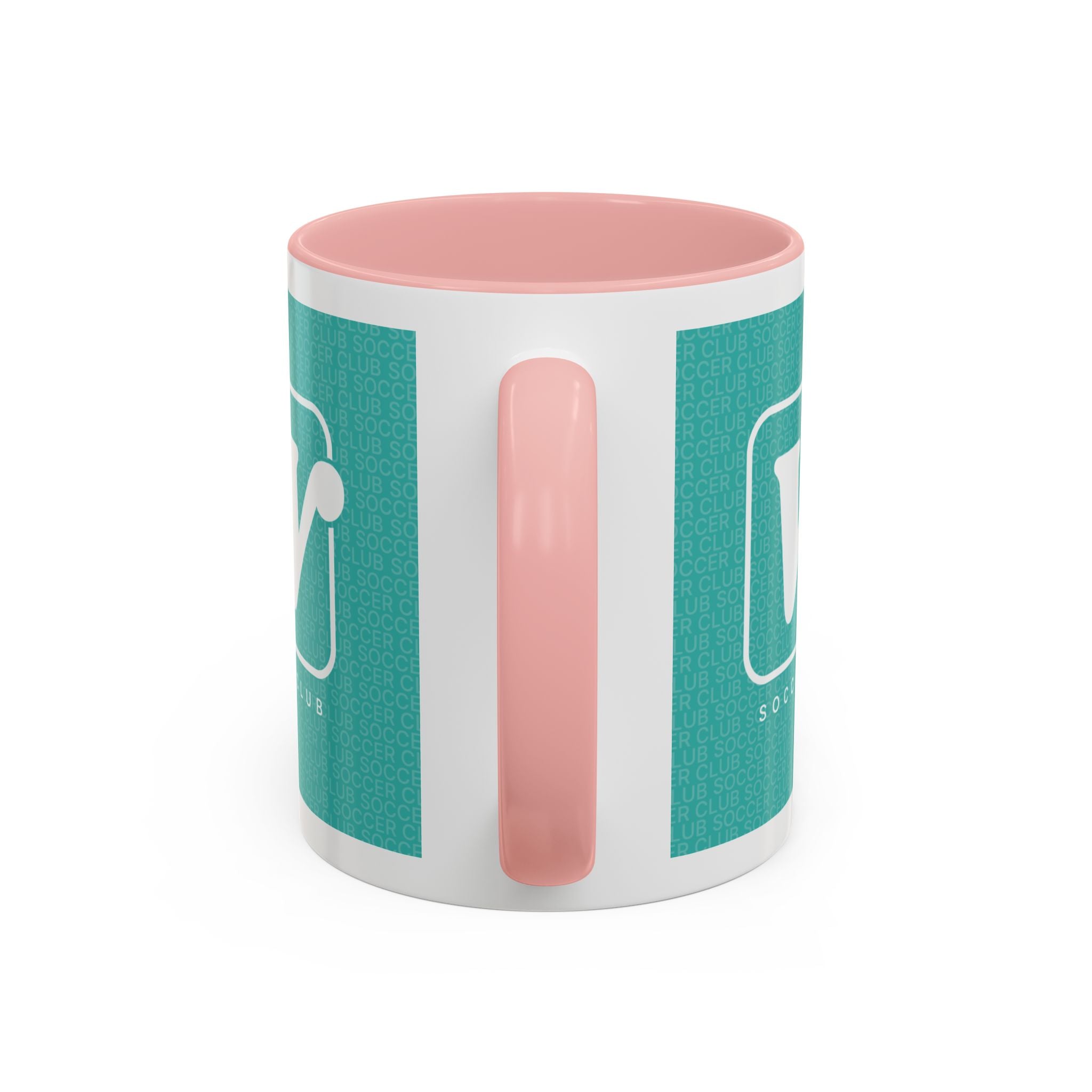 Pink W Soccer Club ceramic accent mug, with a teal wraparound soccer club design and the bold 'W' logo 