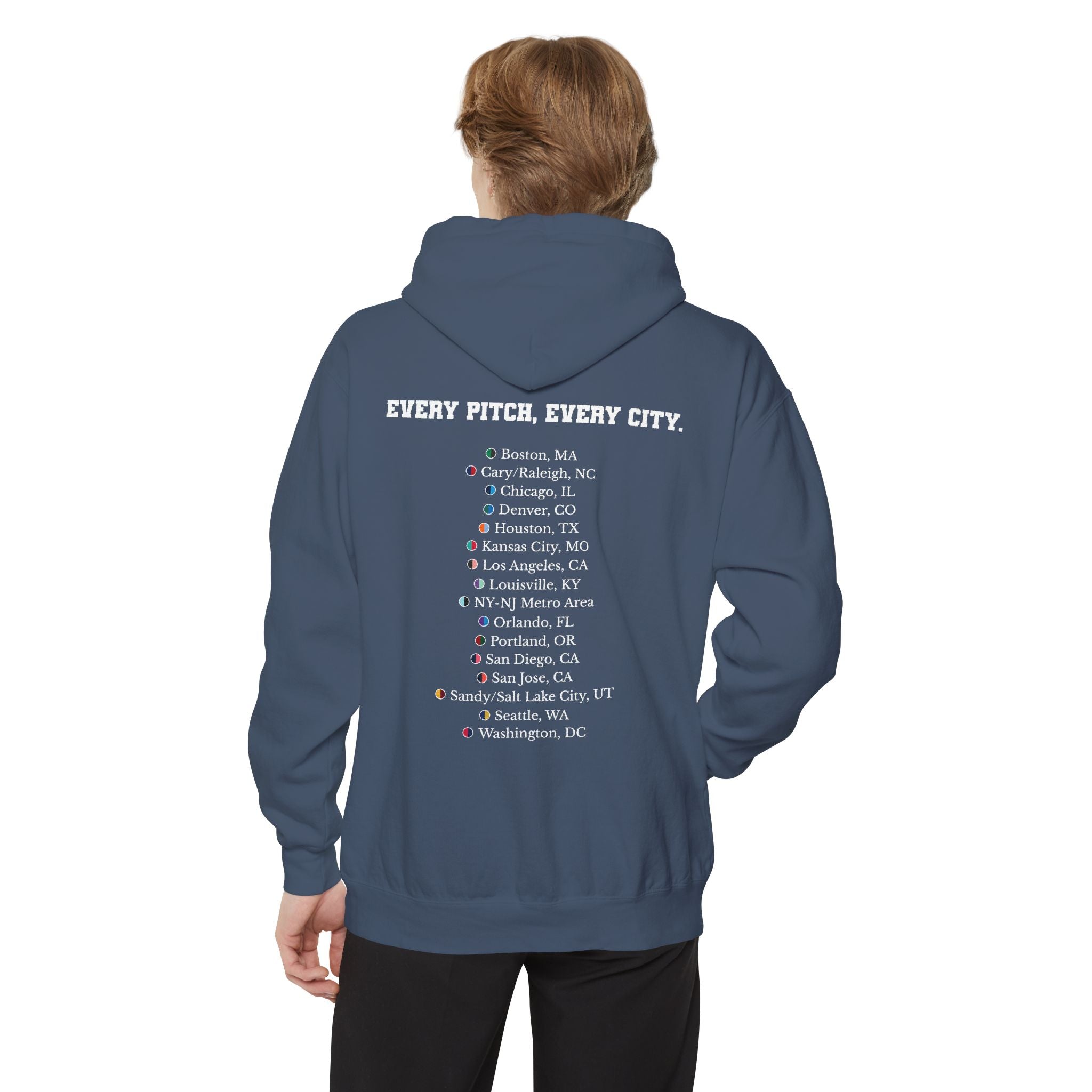 Denim colored hoodie with chest logo on the front and list of cities on the back