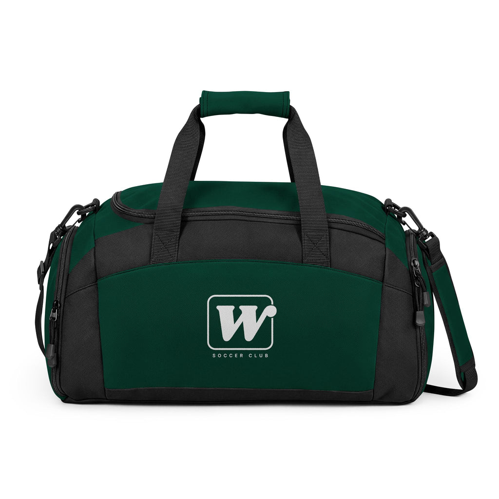 Hunter WSC branded athletic duffle bag featuring a large white logo print, separate ventilated shoe compartment, and water-resistant fabric