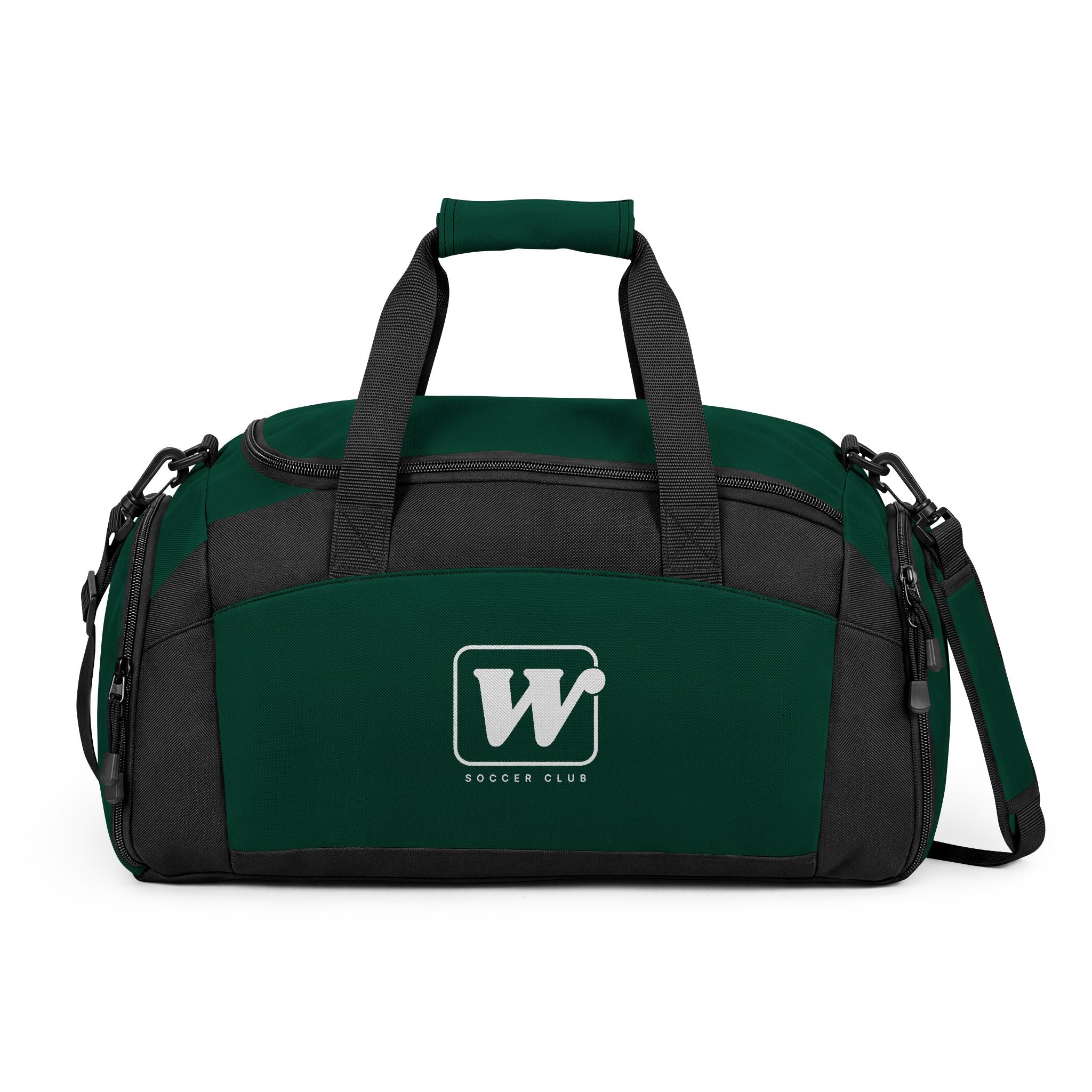 Hunter WSC branded athletic duffle bag featuring a large white logo print, separate ventilated shoe compartment, and water-resistant fabric