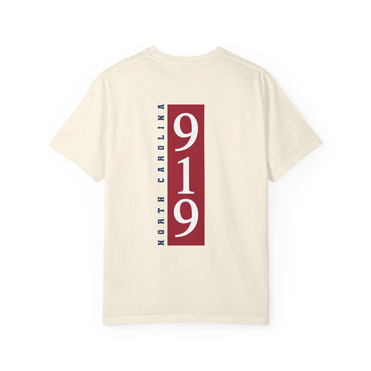 Ivory t-shirt back view featuring a large vertical red 919 graphic with North Carolina script.