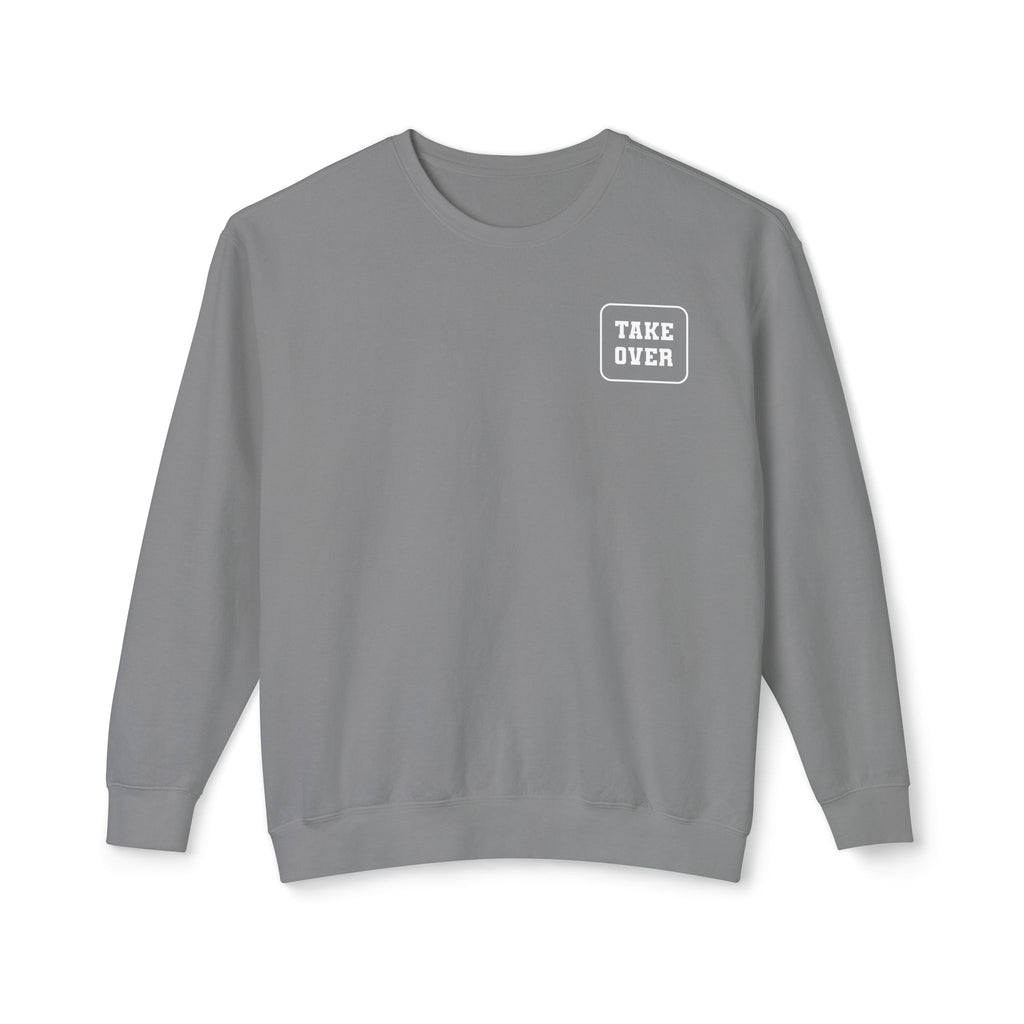 Grey sweatshirt with Take Over chest logo on the front and cities list on the back  