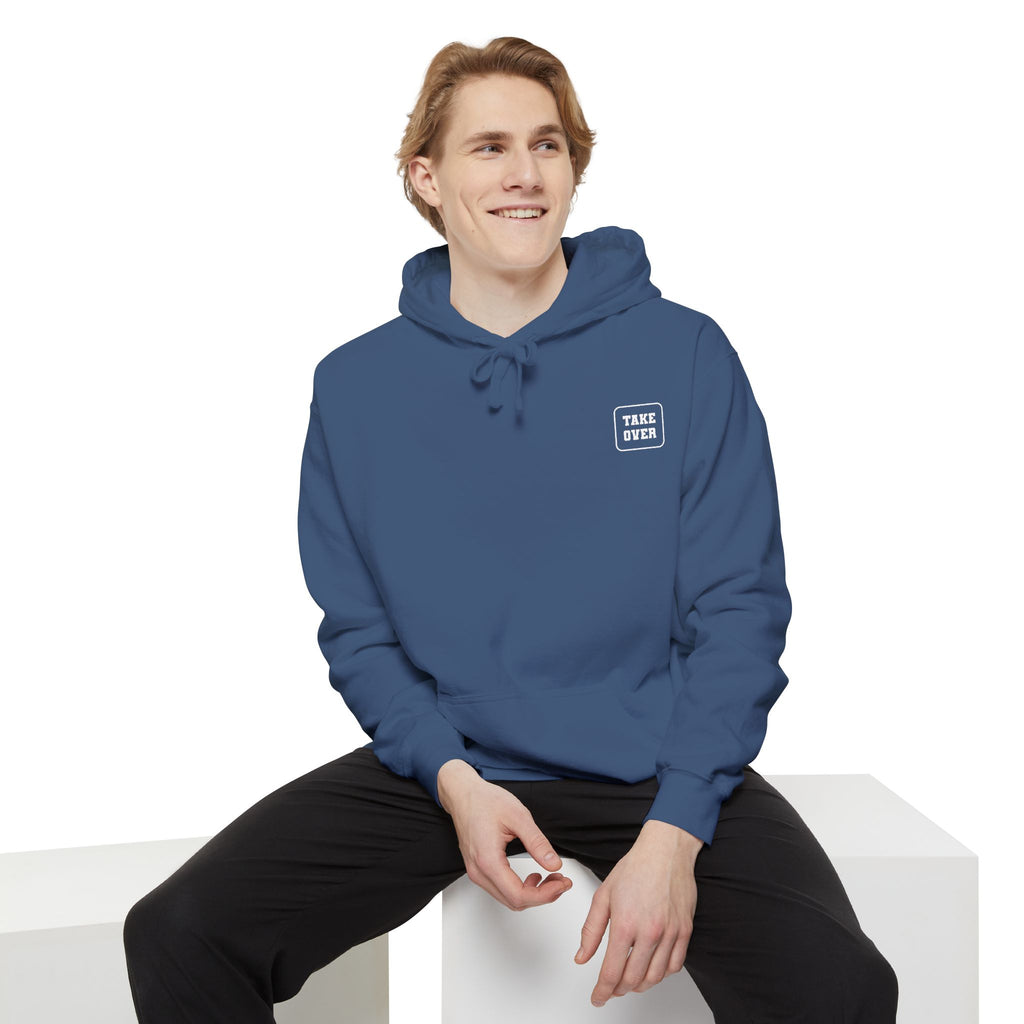 True Navy hoodie with chest logo on the front and list of cities on the back