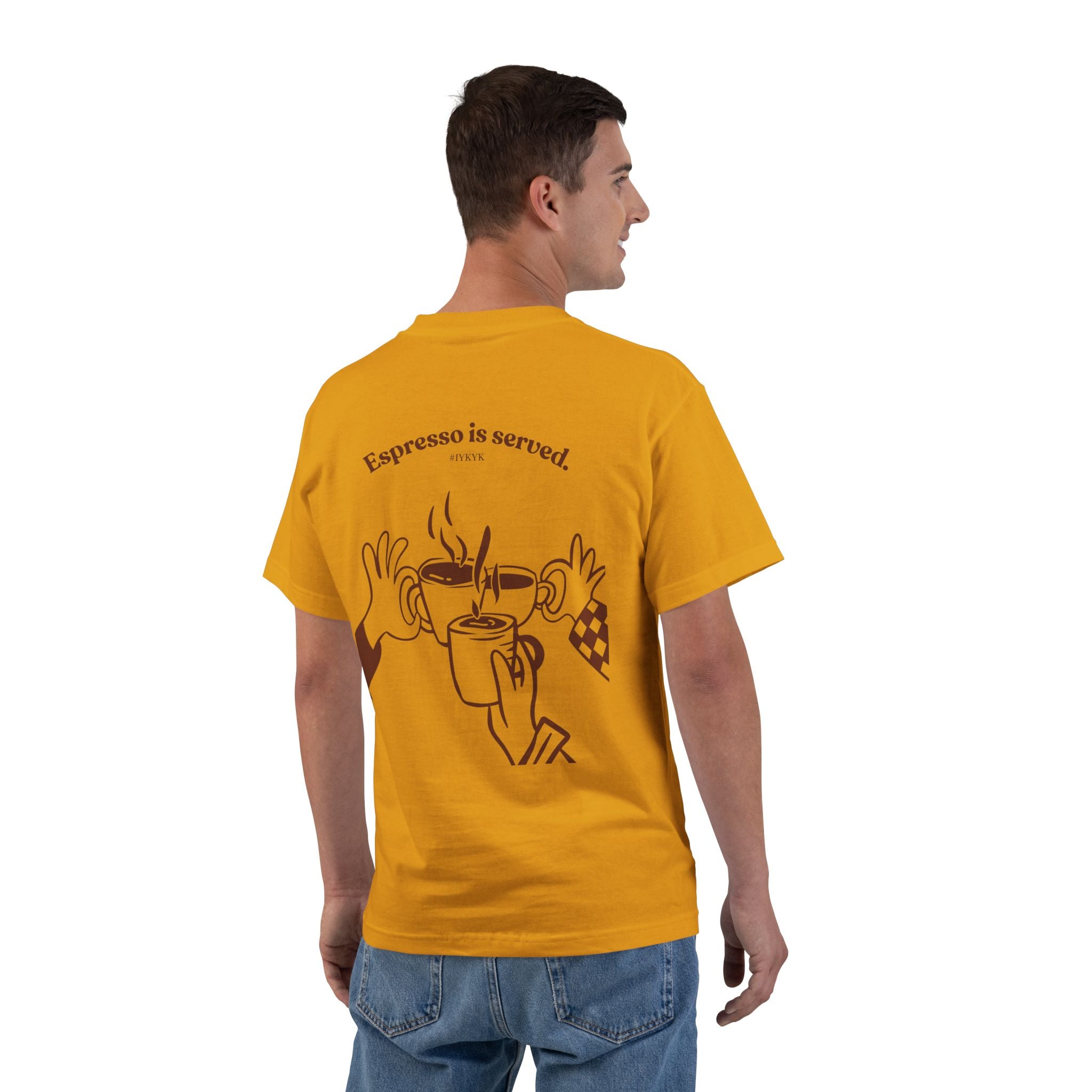 Gold W-League t-shirt featuring a front pocket W logo and back Espresso is served graphic with three clinking coffee mugs