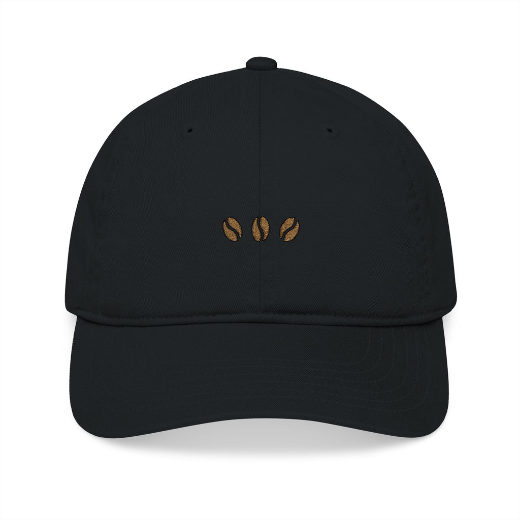 Black unstructured beige baseball cap with three embroidered coffee beans across the front