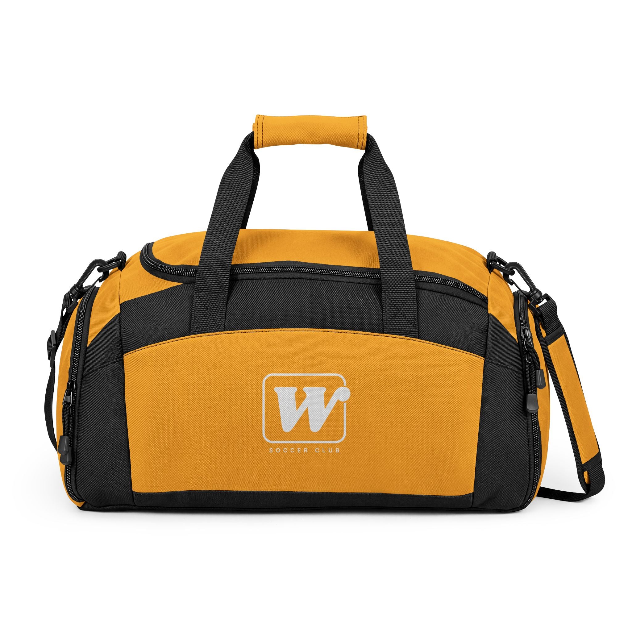 Gold WSC branded athletic duffle bag featuring a large white logo print, separate ventilated shoe compartment, and water-resistant fabric