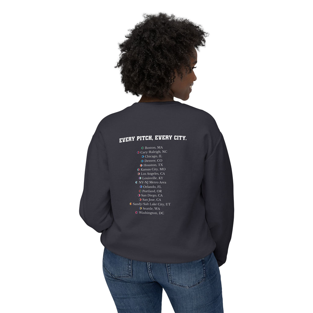 Black sweatshirt with Take Over chest logo on the front and cities list on the back