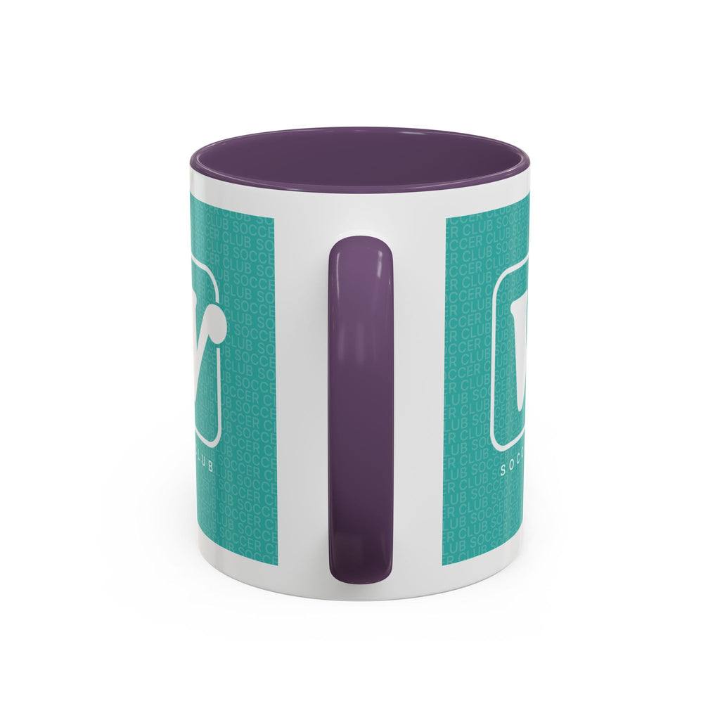 Purple W Soccer Club ceramic accent mug, with a teal wraparound soccer club design and the bold 'W' logo 